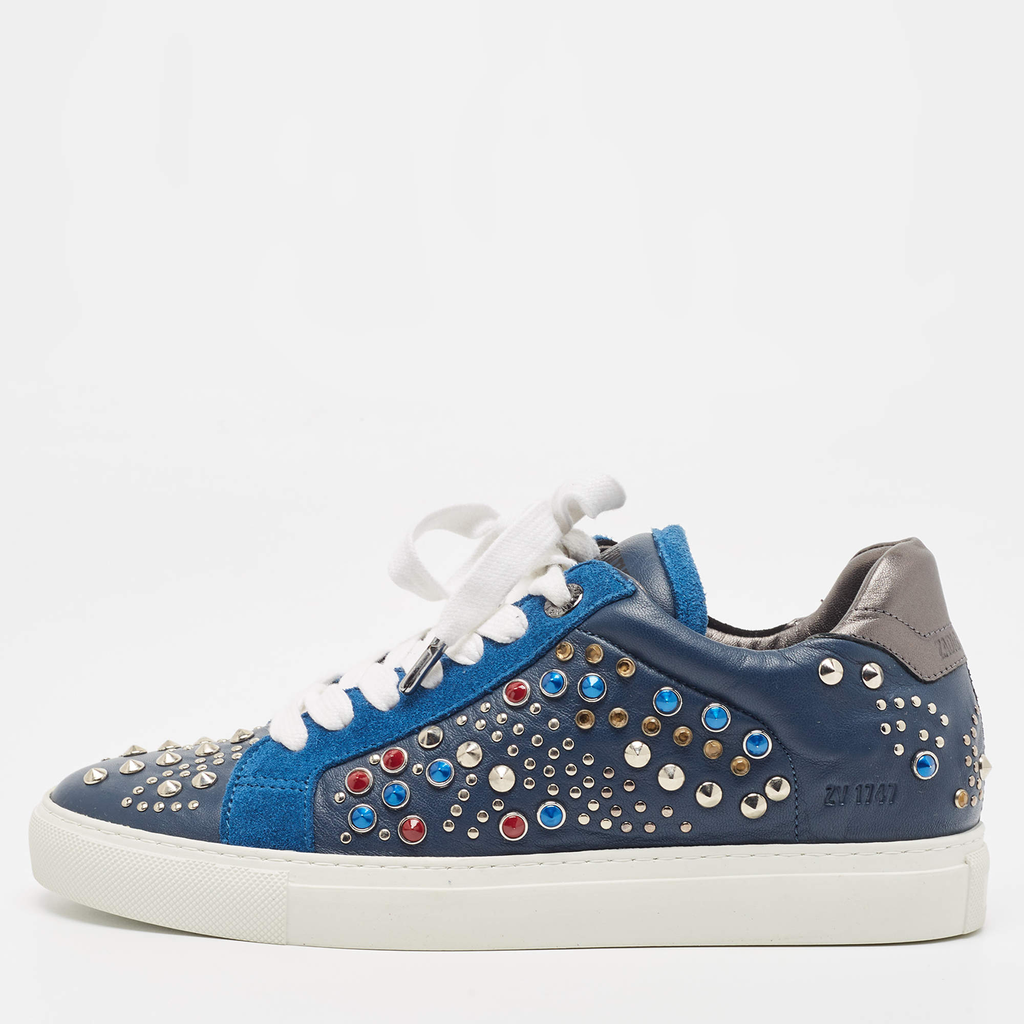 Zadig and Voltaire Tricolor Studded Leather and Suede Jungle Clous Sneakers Size 38