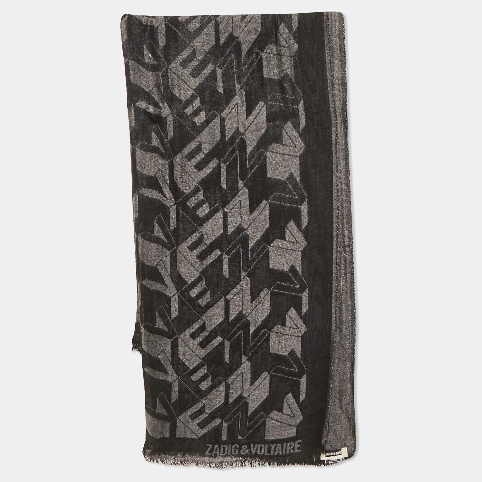 Pre Owned Zadig & Voltaire Monochrome Lettering Cotton Scarf