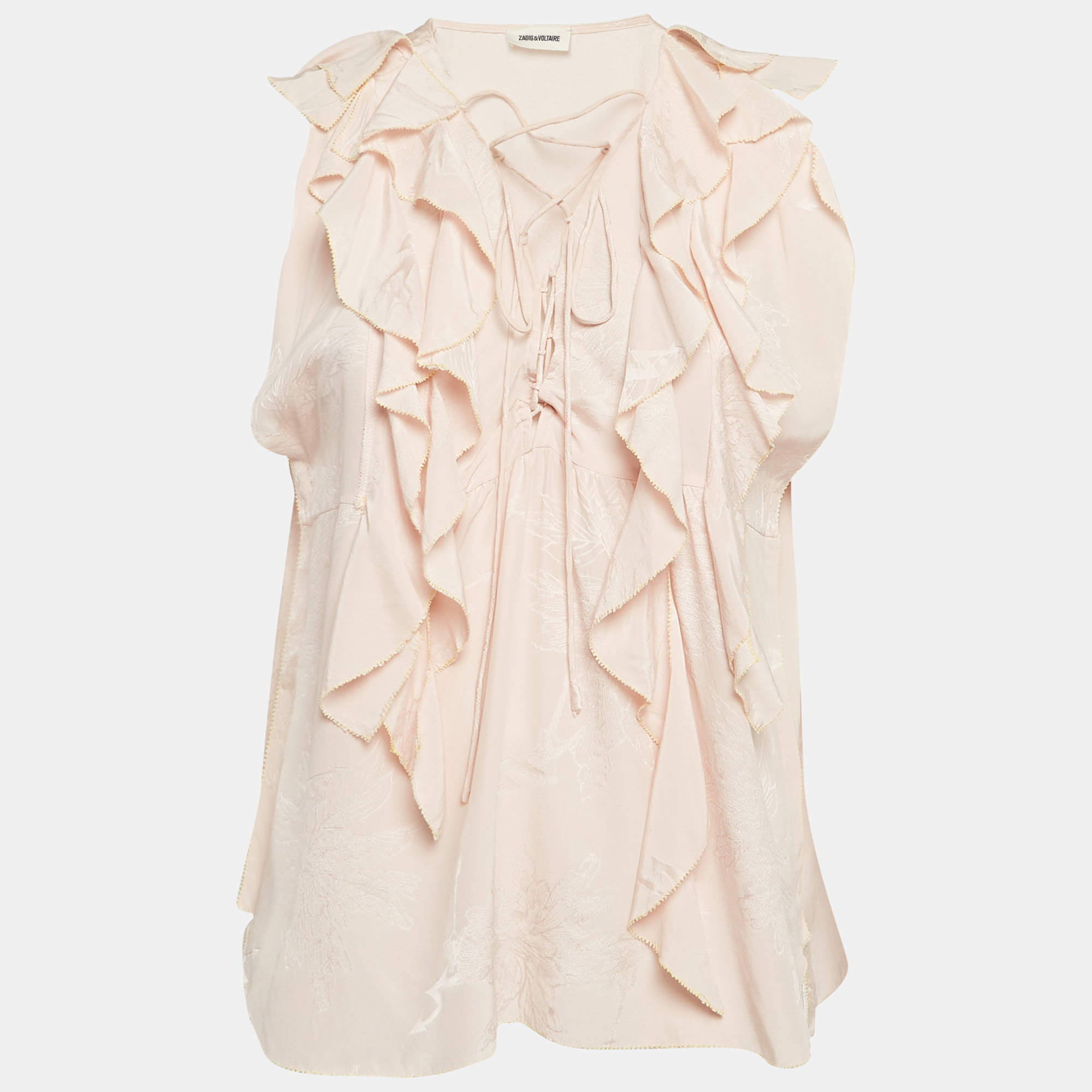 Pre Owned Zadig & Voltaire Pink Floral Jacquard Ruffled Time Lace-Up Top L