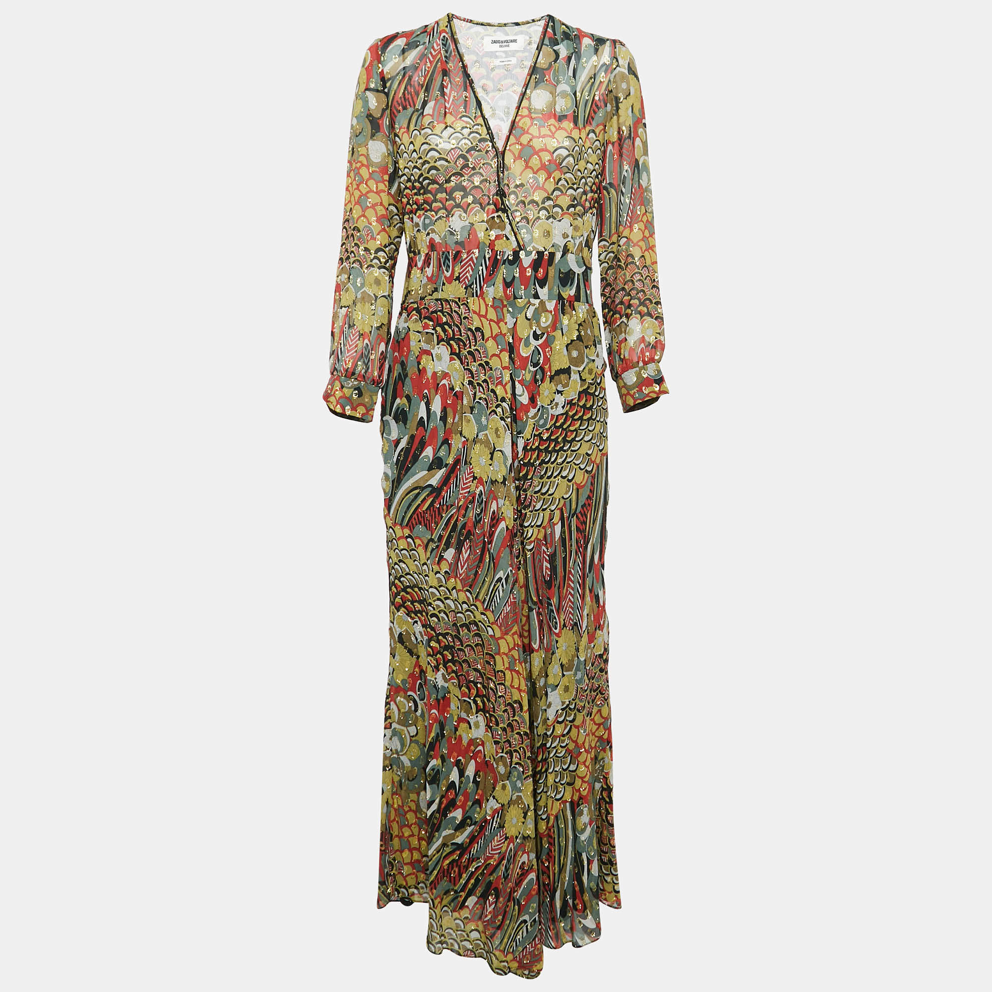Pre Owned Zadig & Voltaire Multicolor Printed Fil-coupe Silk Roumi Long Dress S