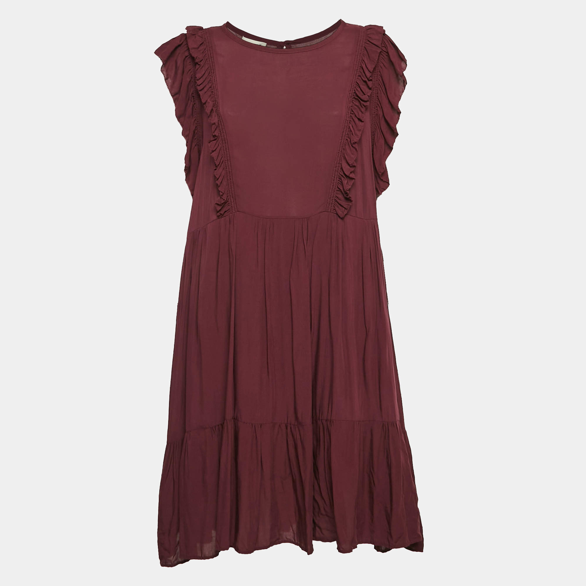 Pre Owned Zadig & Voltaire Burgundy Crepe Ruffled Short Dress L