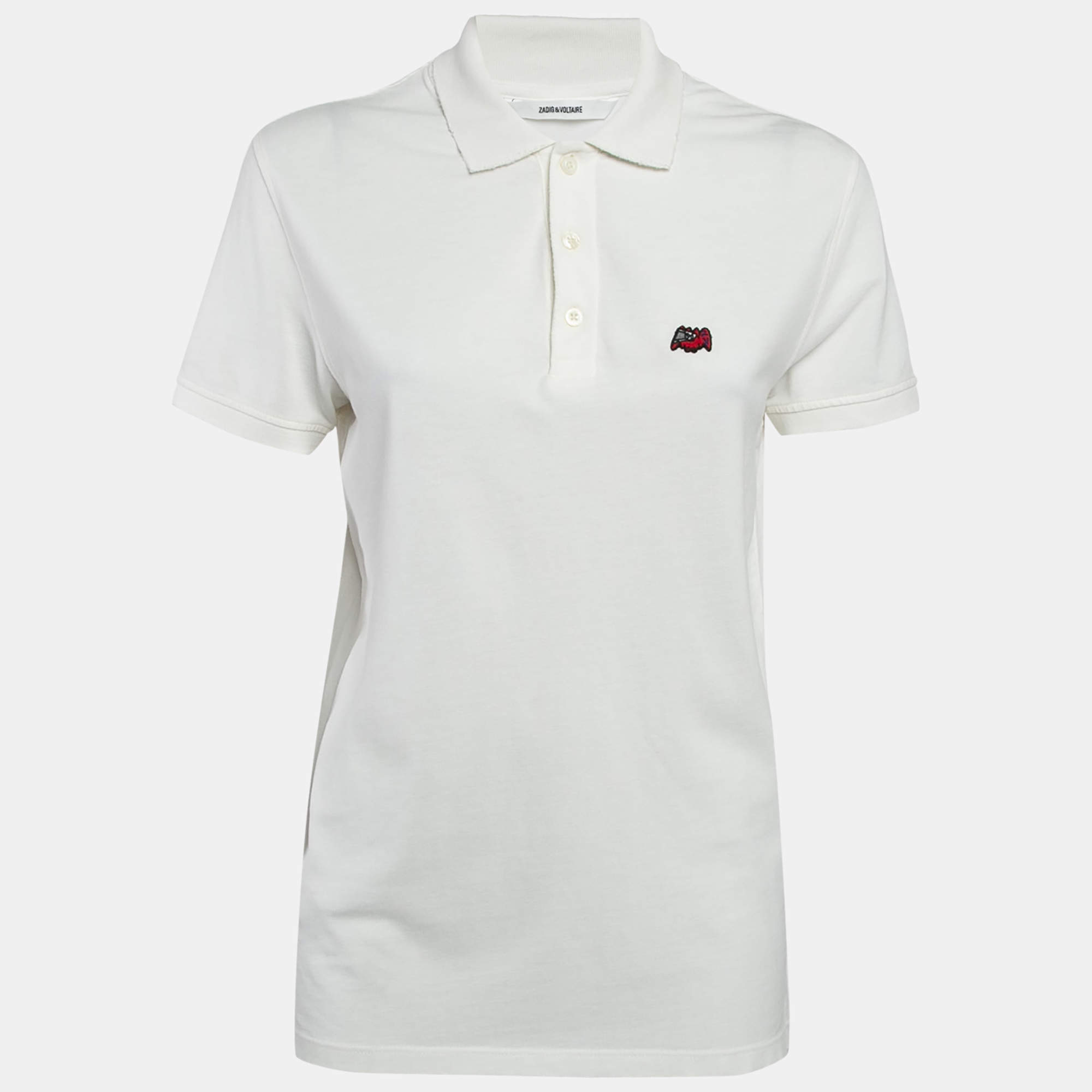 Pre Owned Zadig & Voltaire White Cotton Badge Detail Polo T-Shirt XS