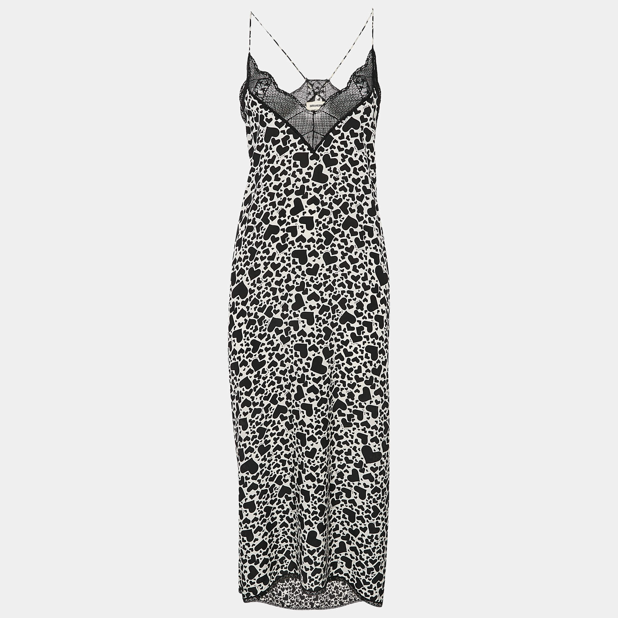 Pre Owned Zadig & Voltaire Black/White Hearts Risty Print Silk and Lace Trim Midi Slip Dress L