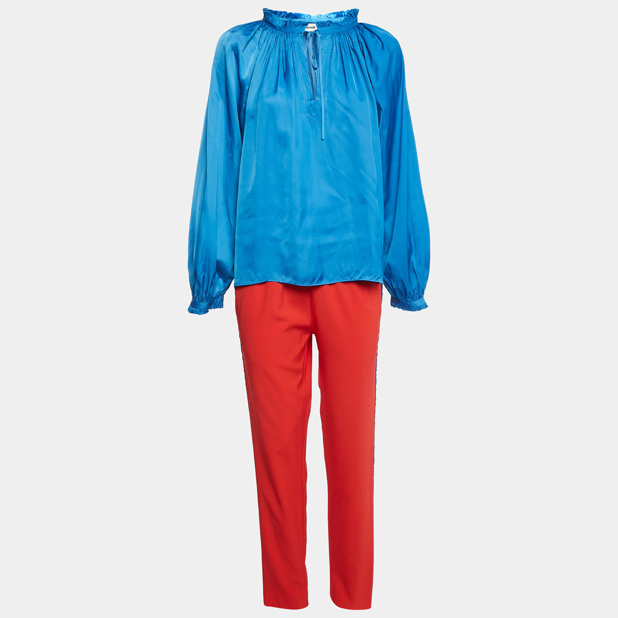 Zadig & Voltaire Blue Satin Ruffled Top and Pants Set L
