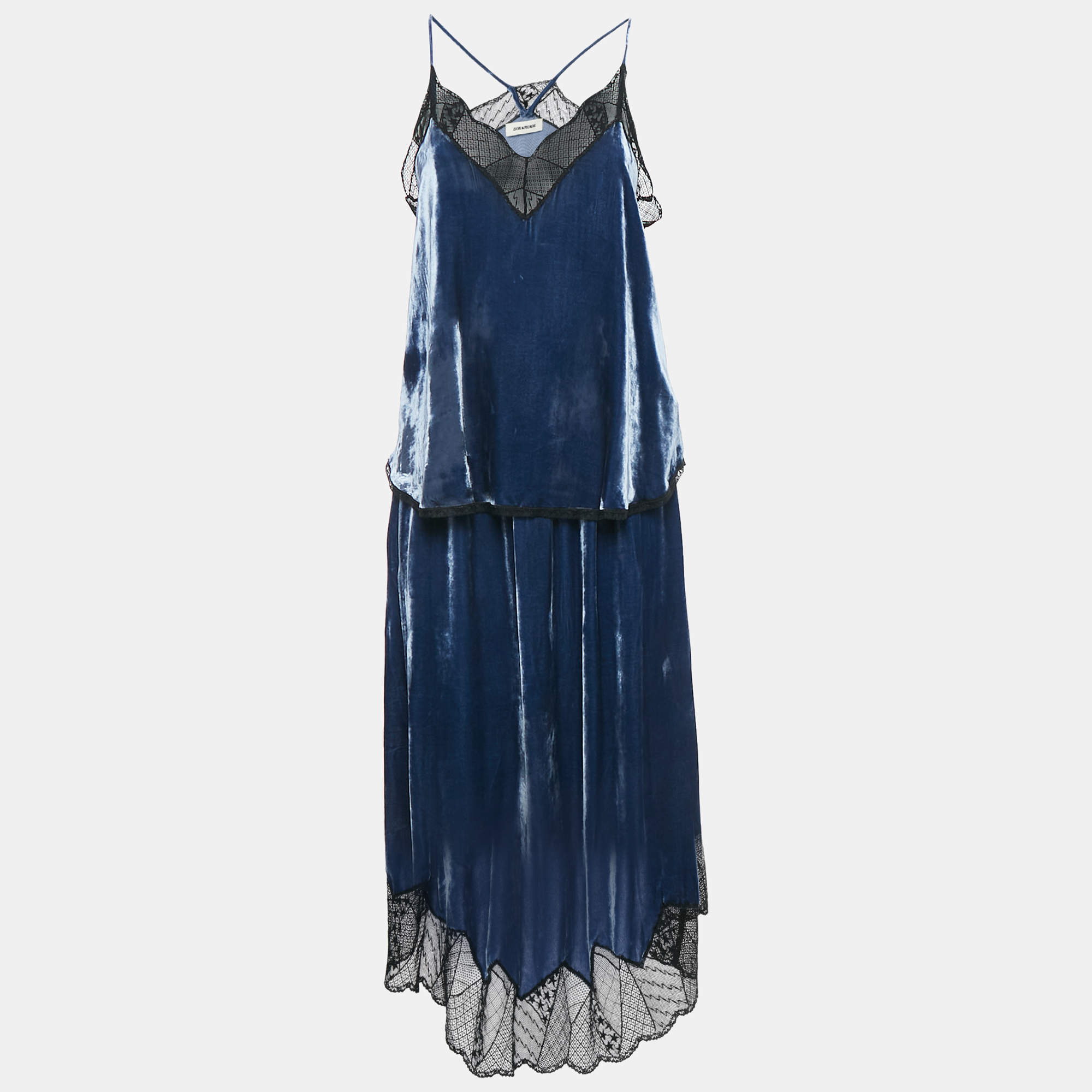 Zadig & Voltaire Blue Velvet Lace Trimmed Top Skirt Set M
