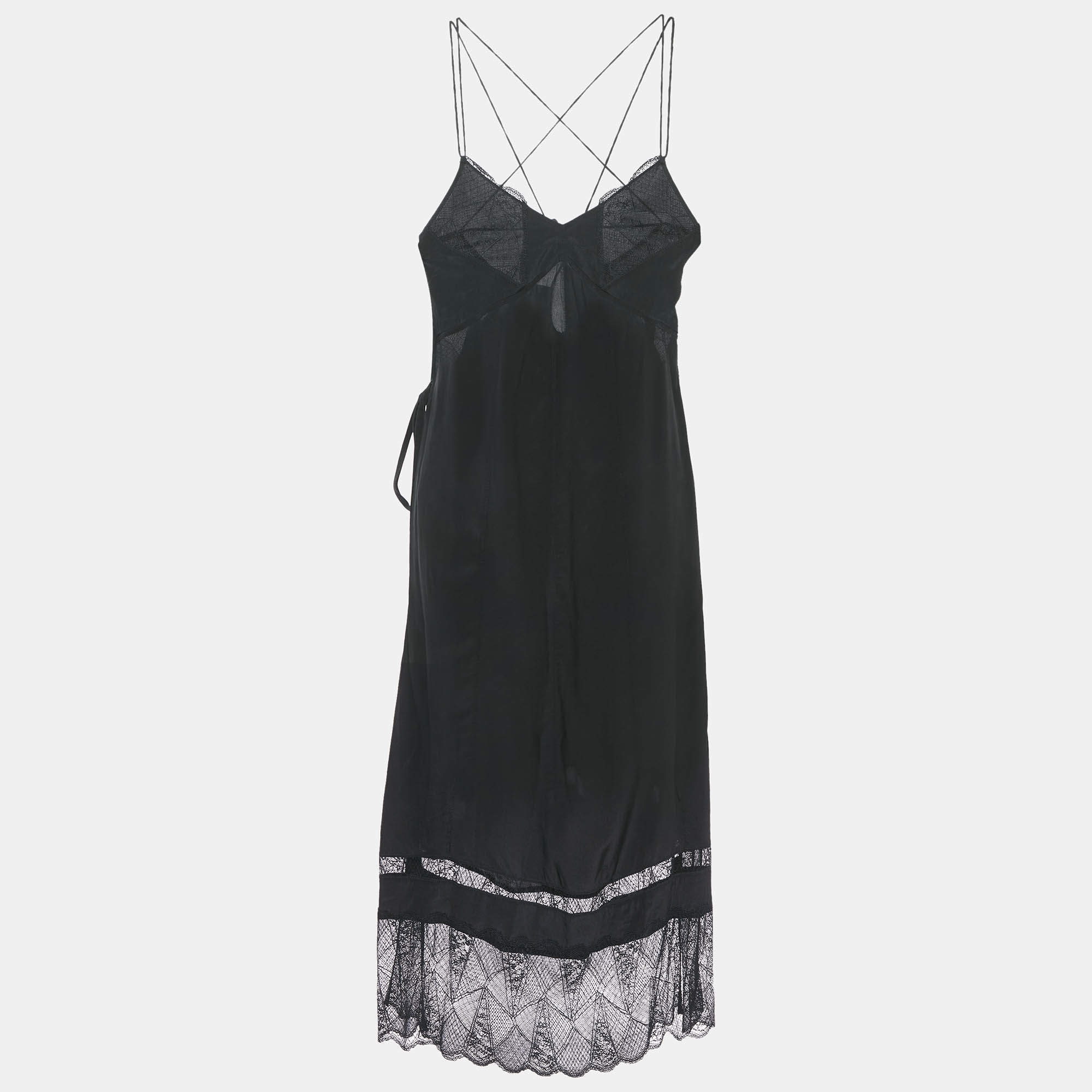 Pre Owned Zadig & Voltaire Black Lace Trim and Silk Midi Slip Dress M