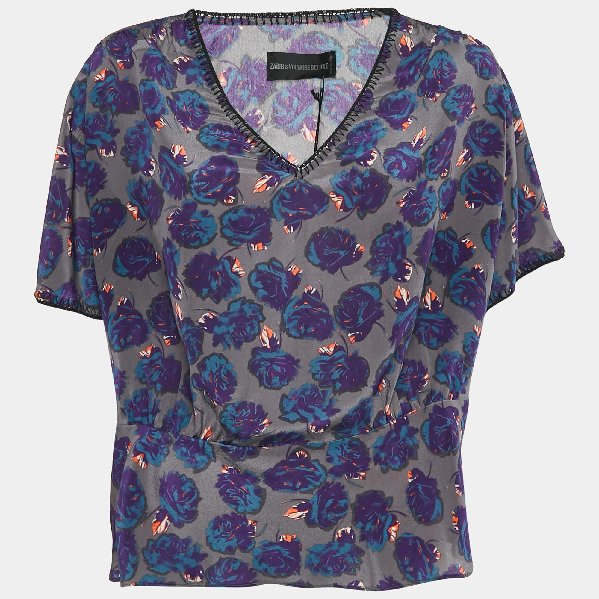 Zadig & Voltaire Grey Printed Silk Toy Roses Deluxe Blouse M