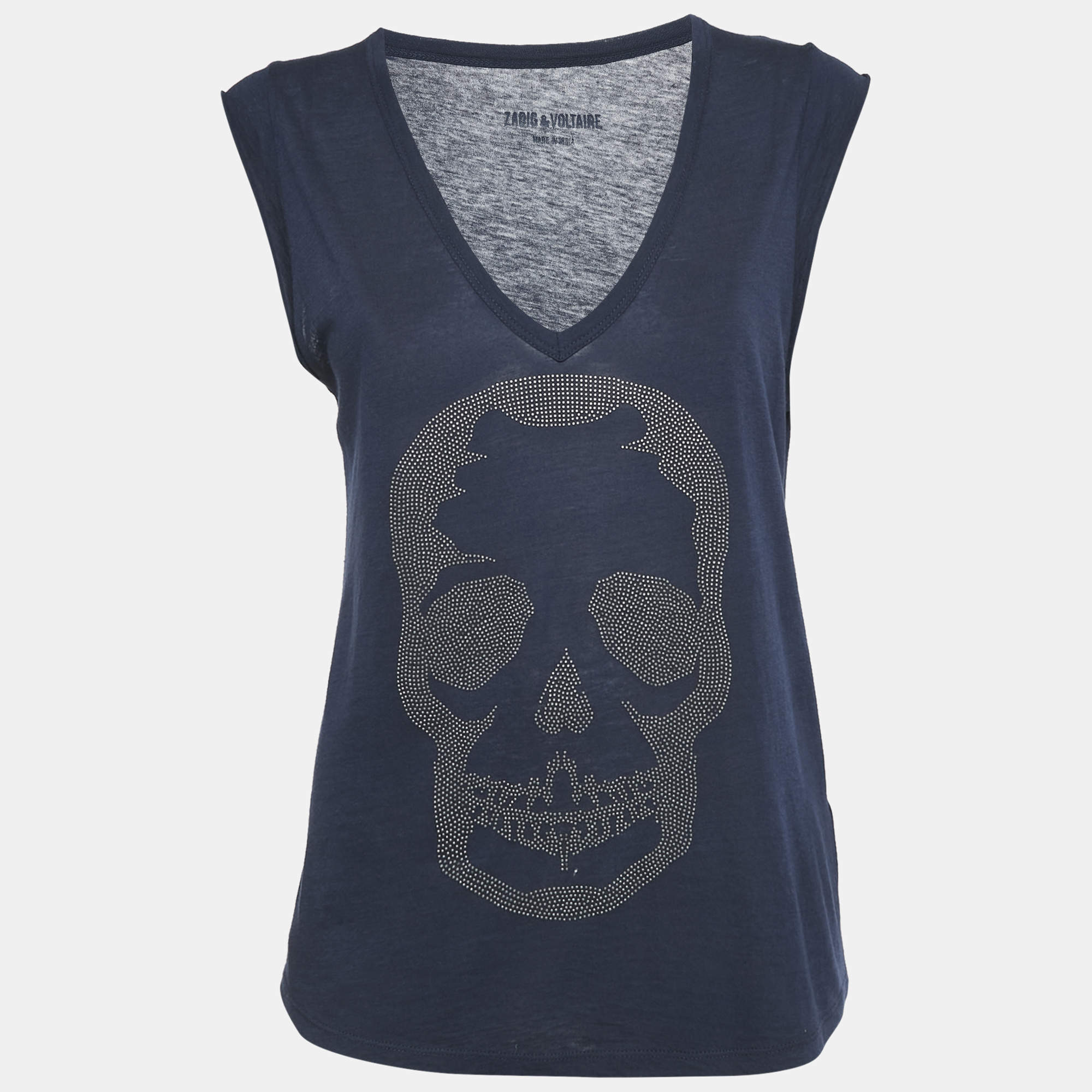 Zadig & Voltaire Navy Blue Skull Stud Cotton and Modal Knit Brooklyn Strass Top S