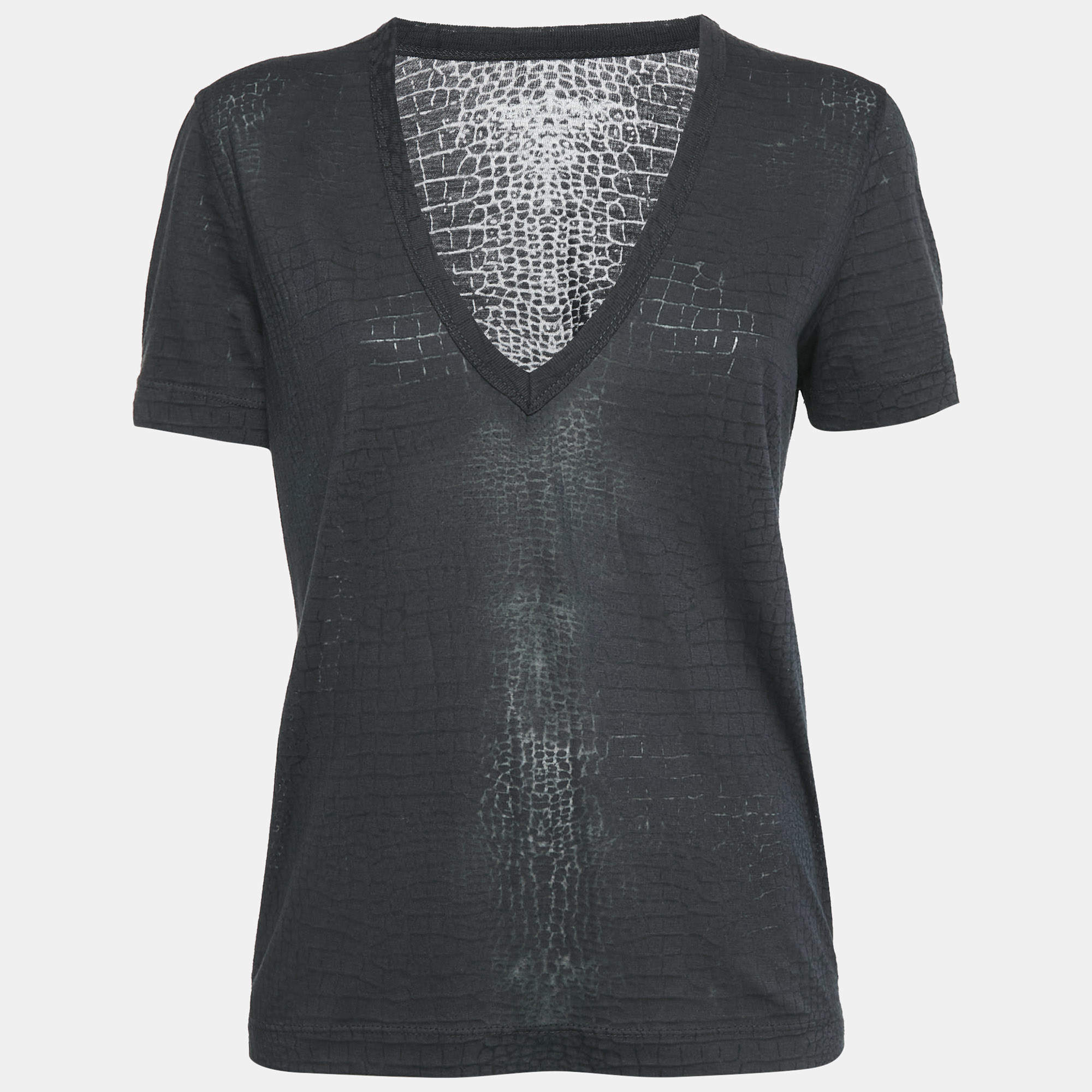 Pre Owned Zadig & Voltaire Dark Grey Reptile Print Knit V-Neck Top S