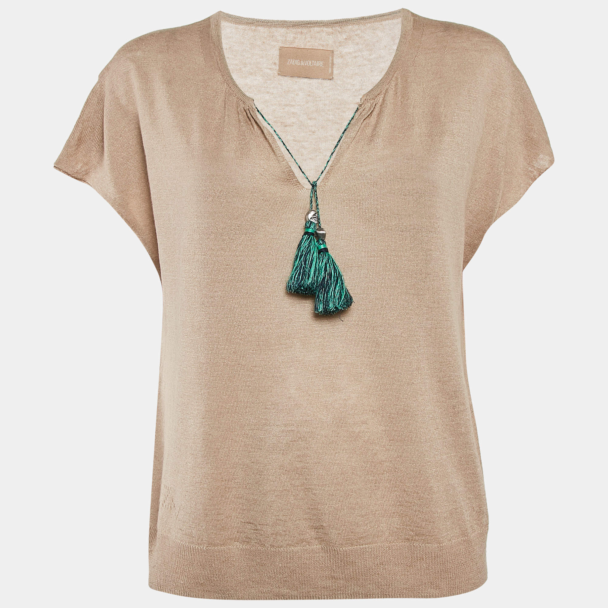 Pre Owned Zadig & Voltaire Beige Linen Knit Tie-Up Detail Card Top S