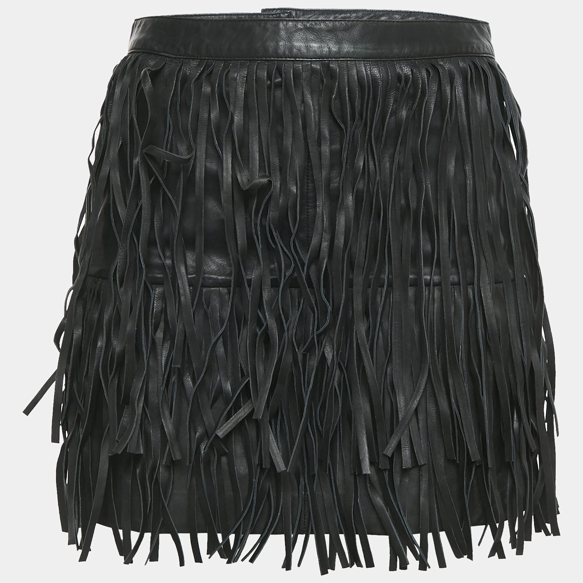 Zadig & Voltaire Black Leather Fringed Mini Skirt S