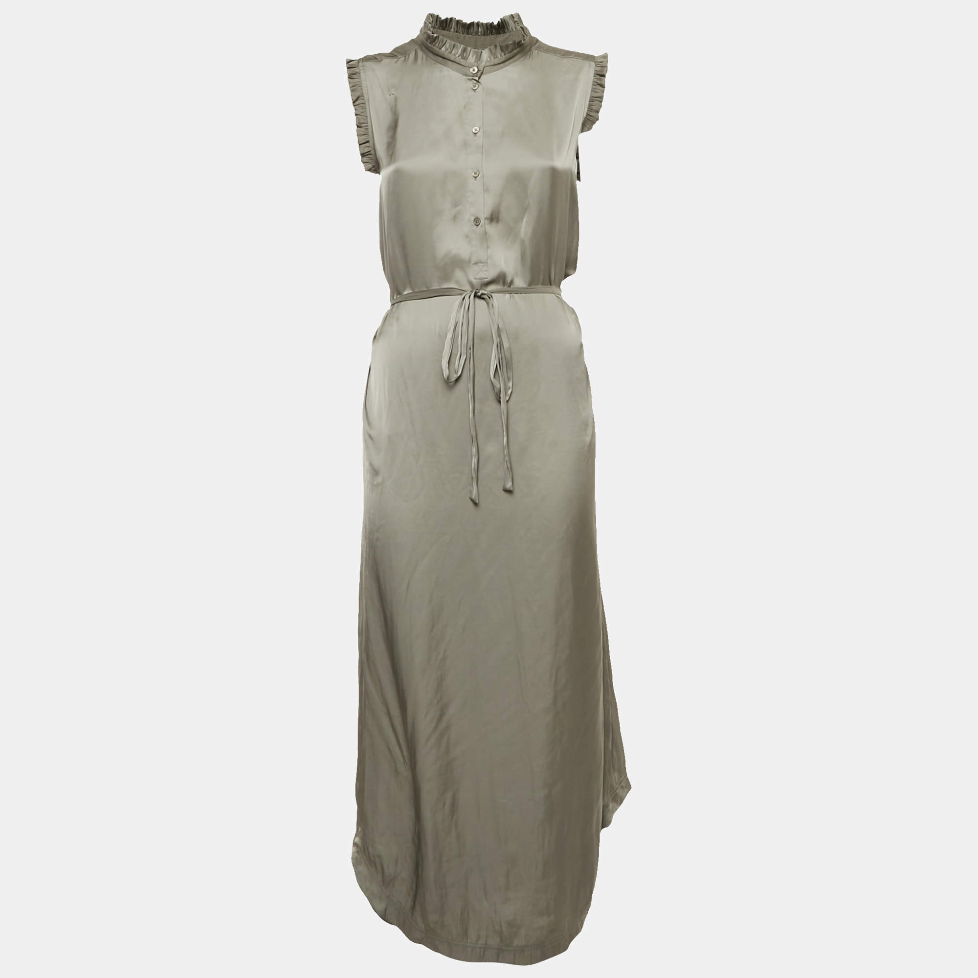 Pre Owned Zadig & Voltaire Grey Satin Belted Raos Maxi Dress S