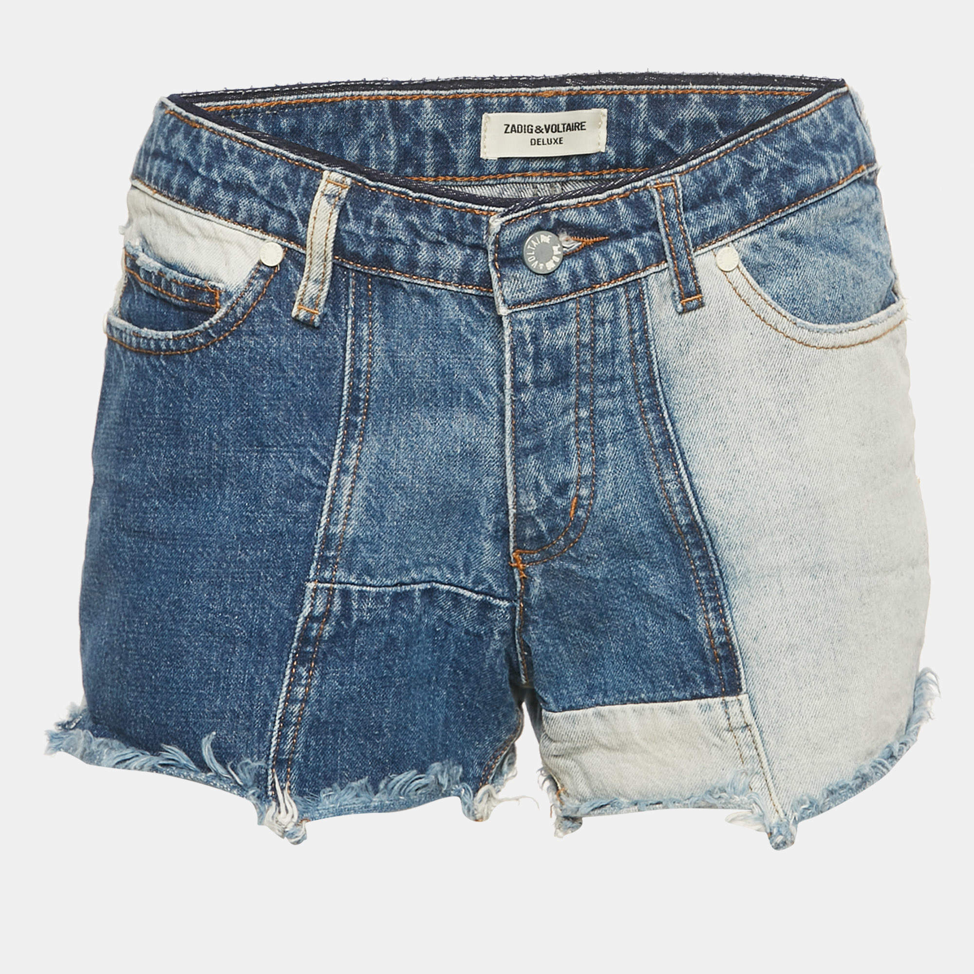 Pre Owned Zadig & Voltaire Deluxe Blue Patchwork Denim Boy Shorts M Waist 31"