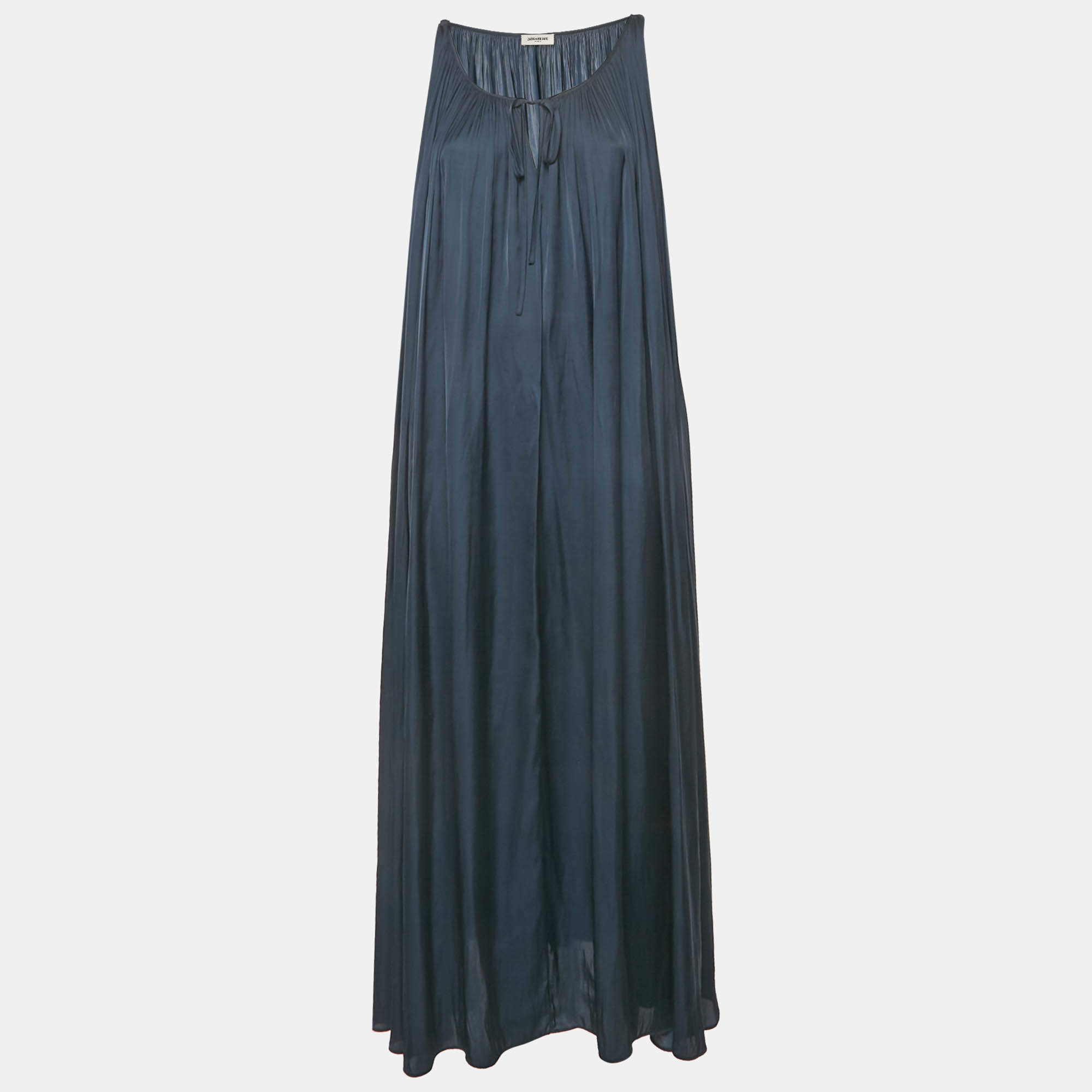 Pre Owned Zadig & Voltaire Navy Blue Satin Gathered Sleeveless Maxi Dress S 