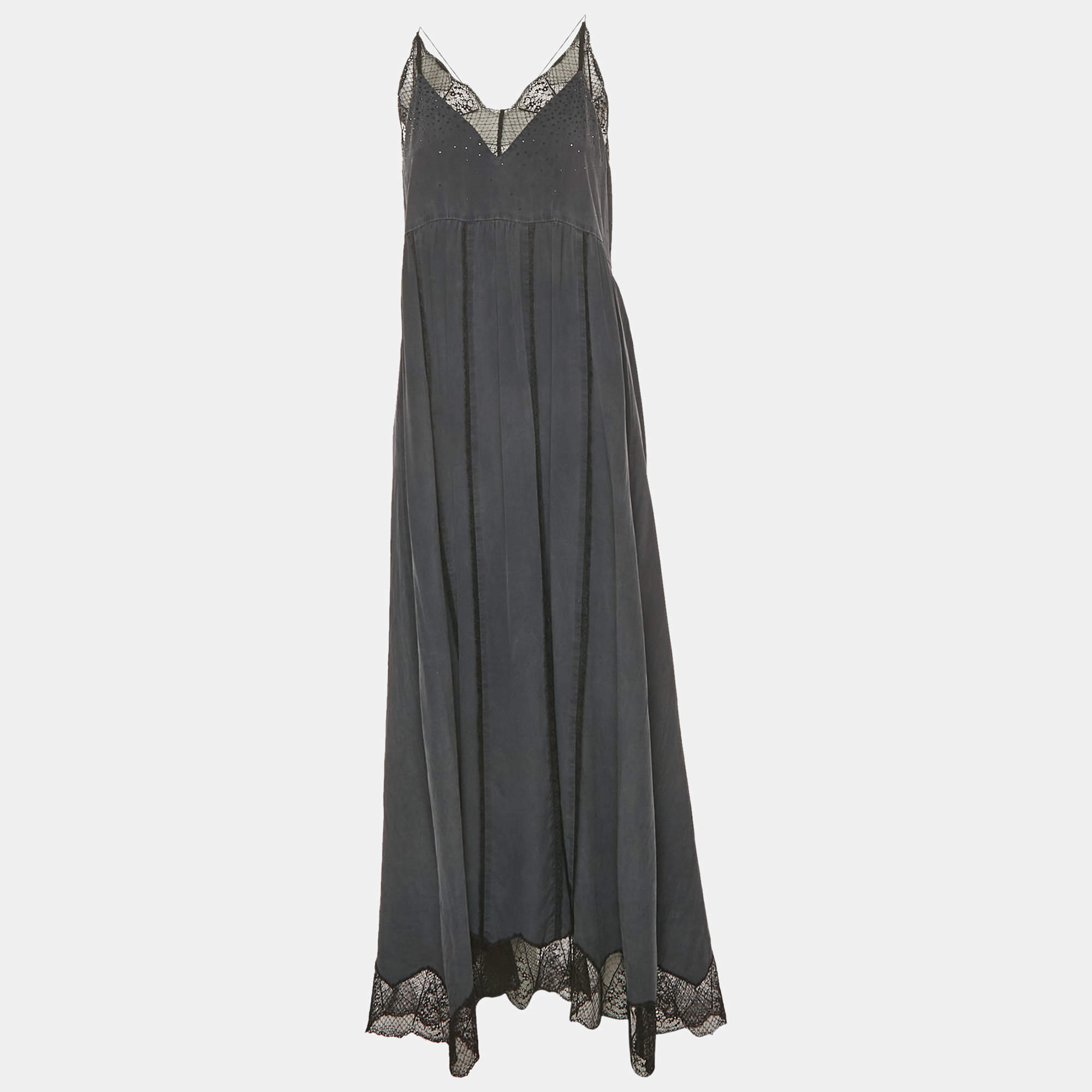 Pre Owned Zadig & Voltaire Grey Lace Trim Silk Maxi Ralla Dress L