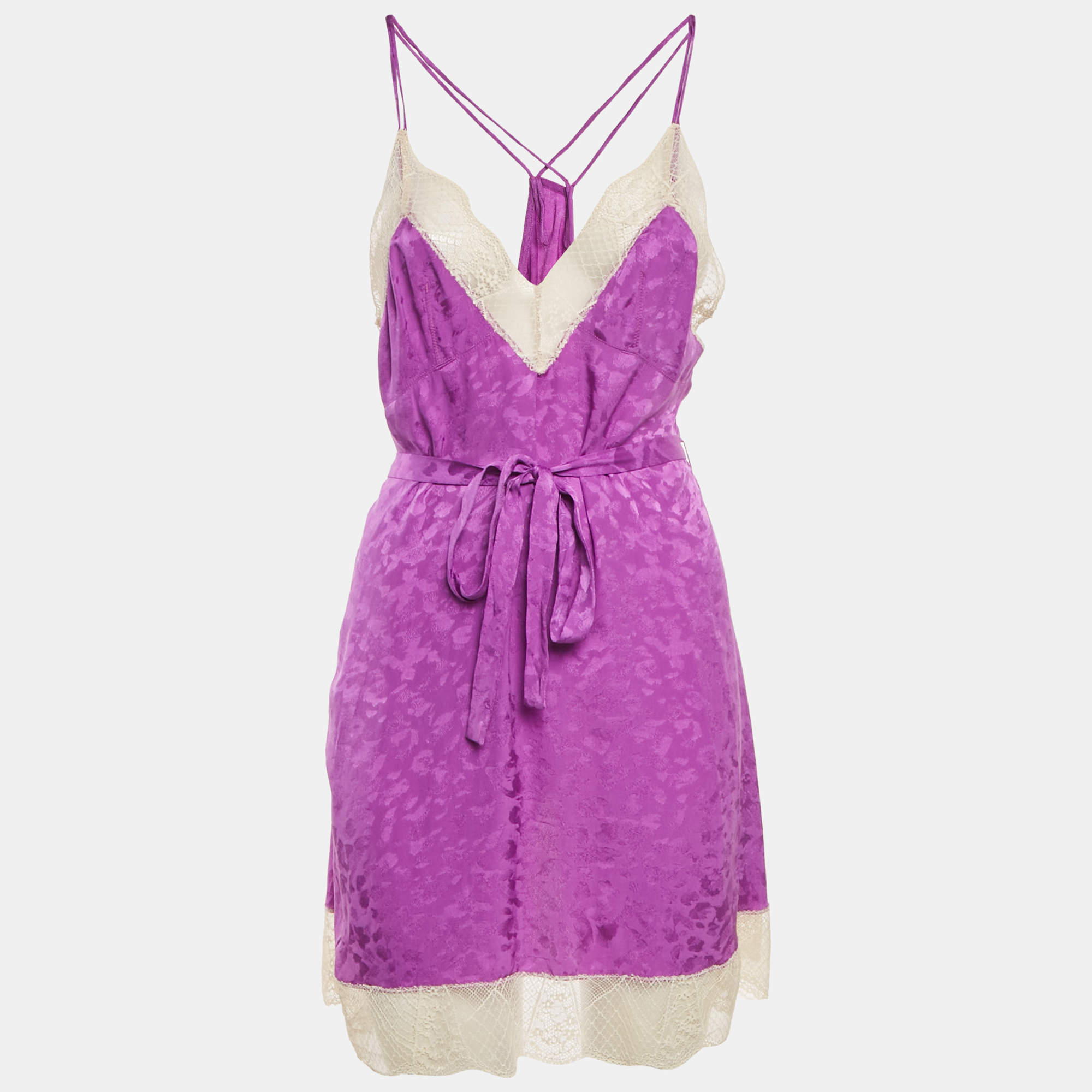 Pre Owned Zadig & Voltaire Purple Silk Jacquard Belted Cathy Leo Camisole XS