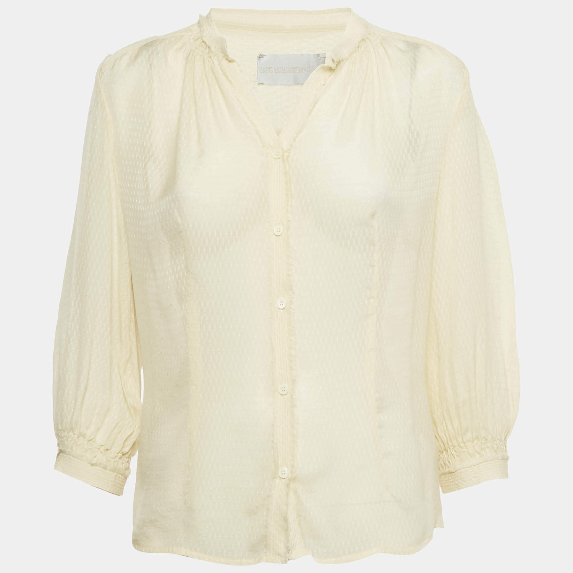 Pre Owned Zadig & Voltaire Deluxe Cream Patterned Silk Tack Dob Blouse S