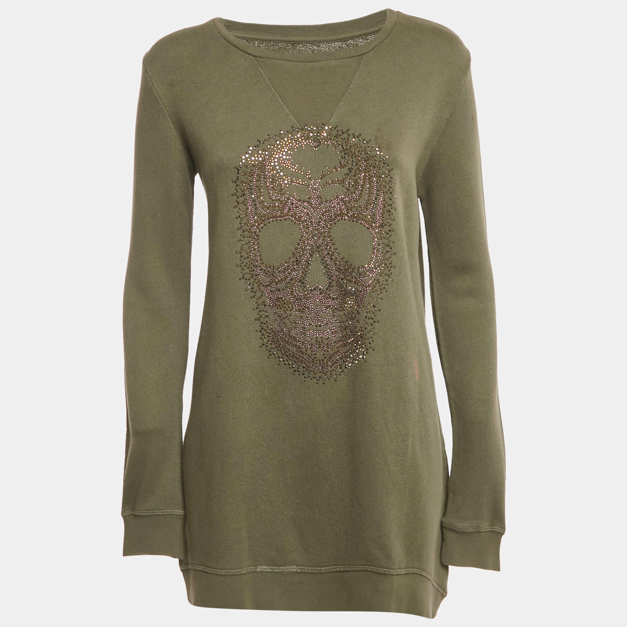 Pre Owned Zadig & Voltaire Sage Green Skull Embellished Cotton Anael Tunic Sweater S