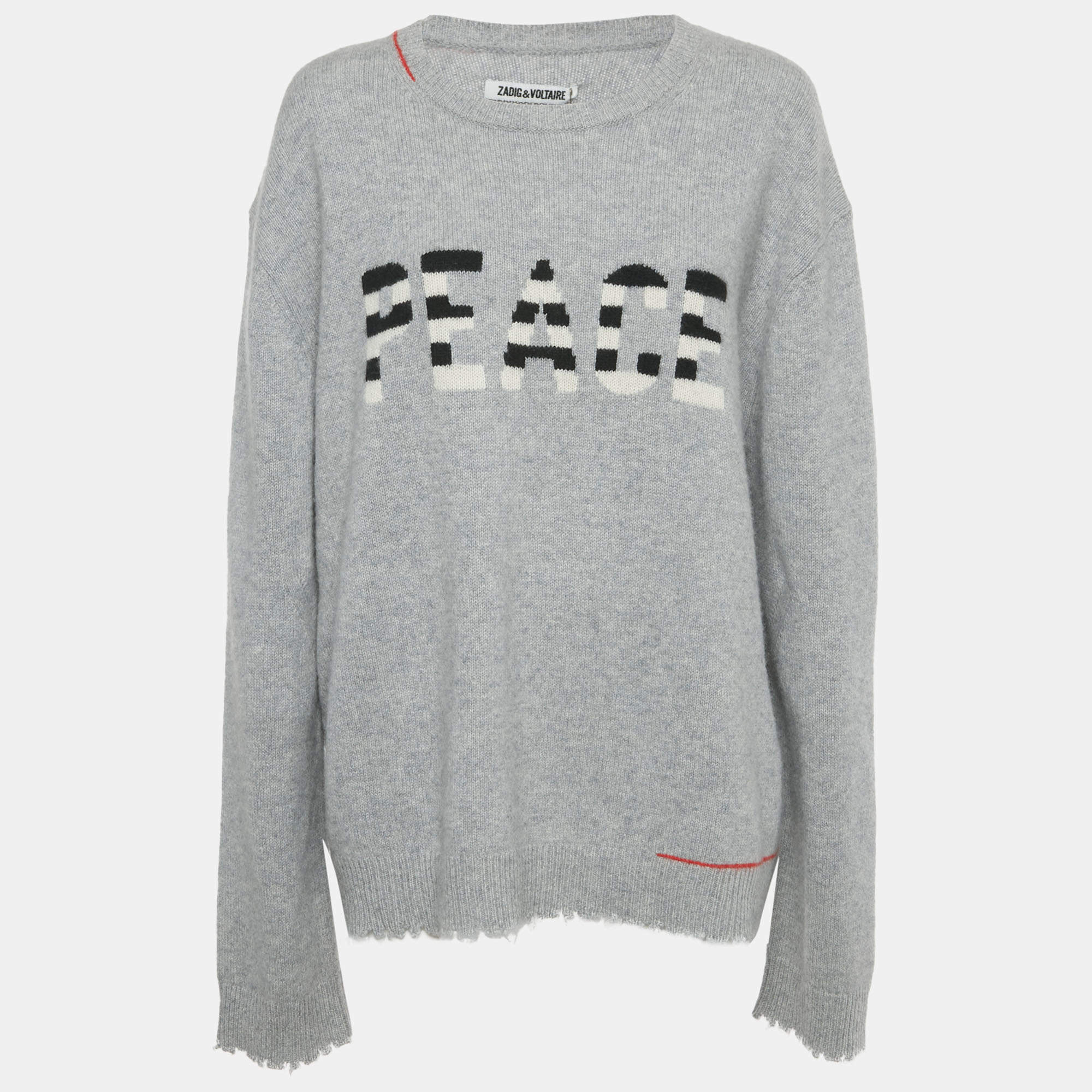Pre Owned Zadig & Voltaire Grey Peace Intarsia Cashmere Raw Edge Sweater XL 