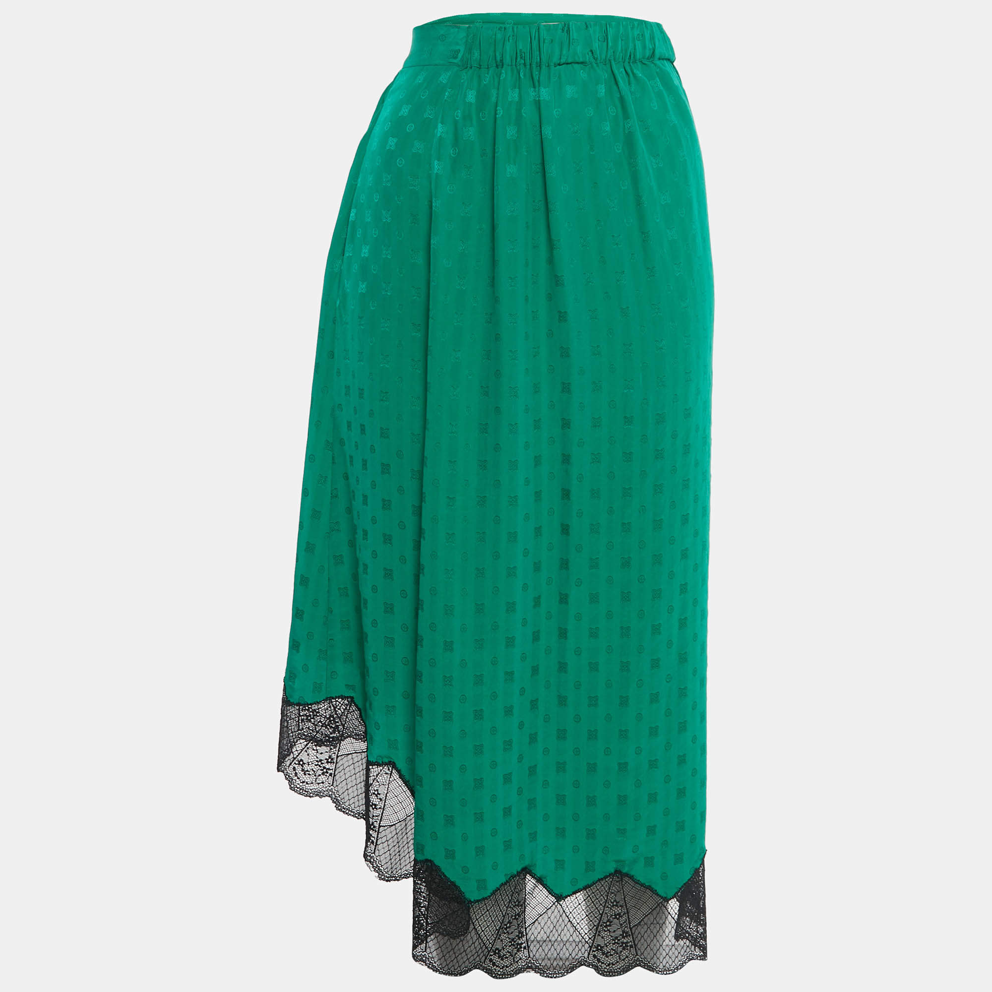 Pre Owned Zadig & Voltaire Green Patterned Silk Lace Trim Joslin Midi Skirt M
