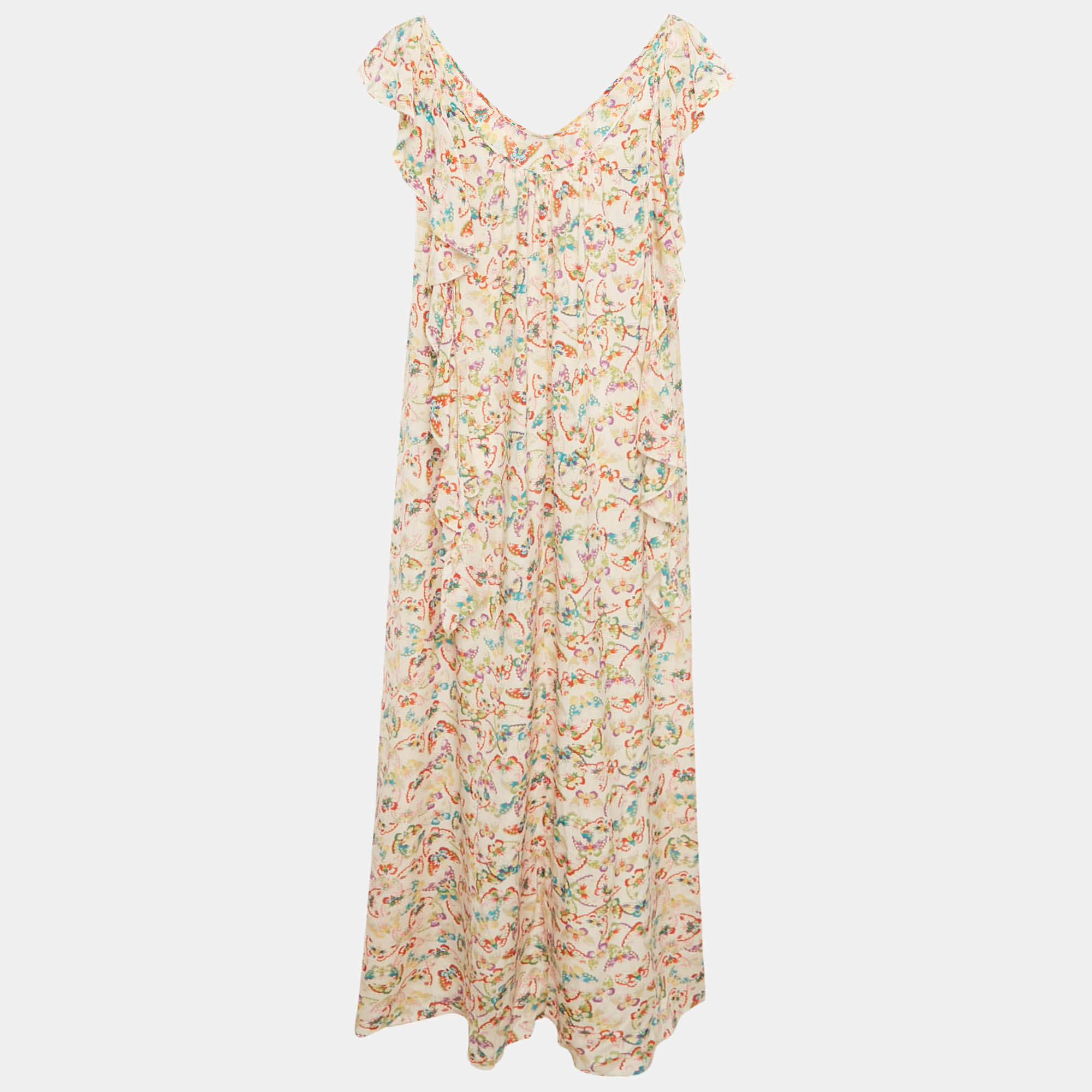 مملوكة مسبقًا Zadig & Voltaire Multicolor Butterfly Printed Silk Ruffled Reen Maxi Dress M
