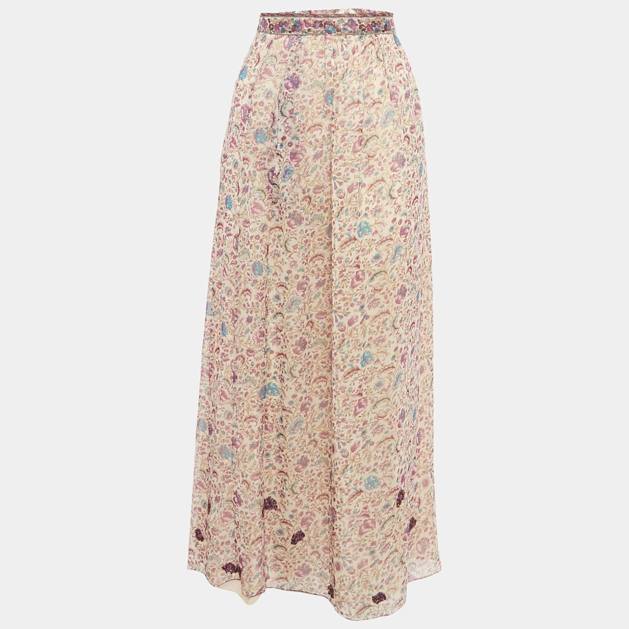 مملوكة مسبقًا Zadig & Voltaire Purple Floral Printed Chiffon Embellished Detail Midi Skirt S