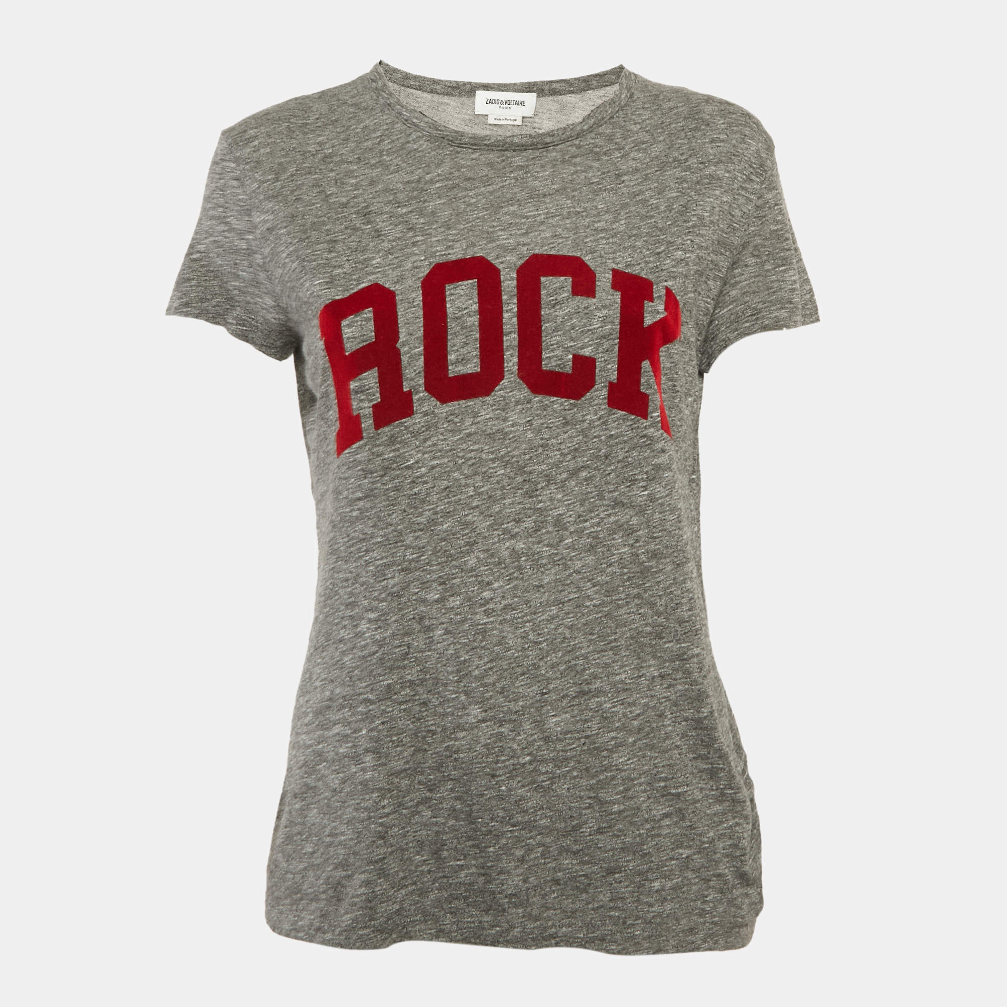 Pre Owned Zadig & Voltaire Grey Flocked Jersey Walk Chine Rock T-Shirt XS
