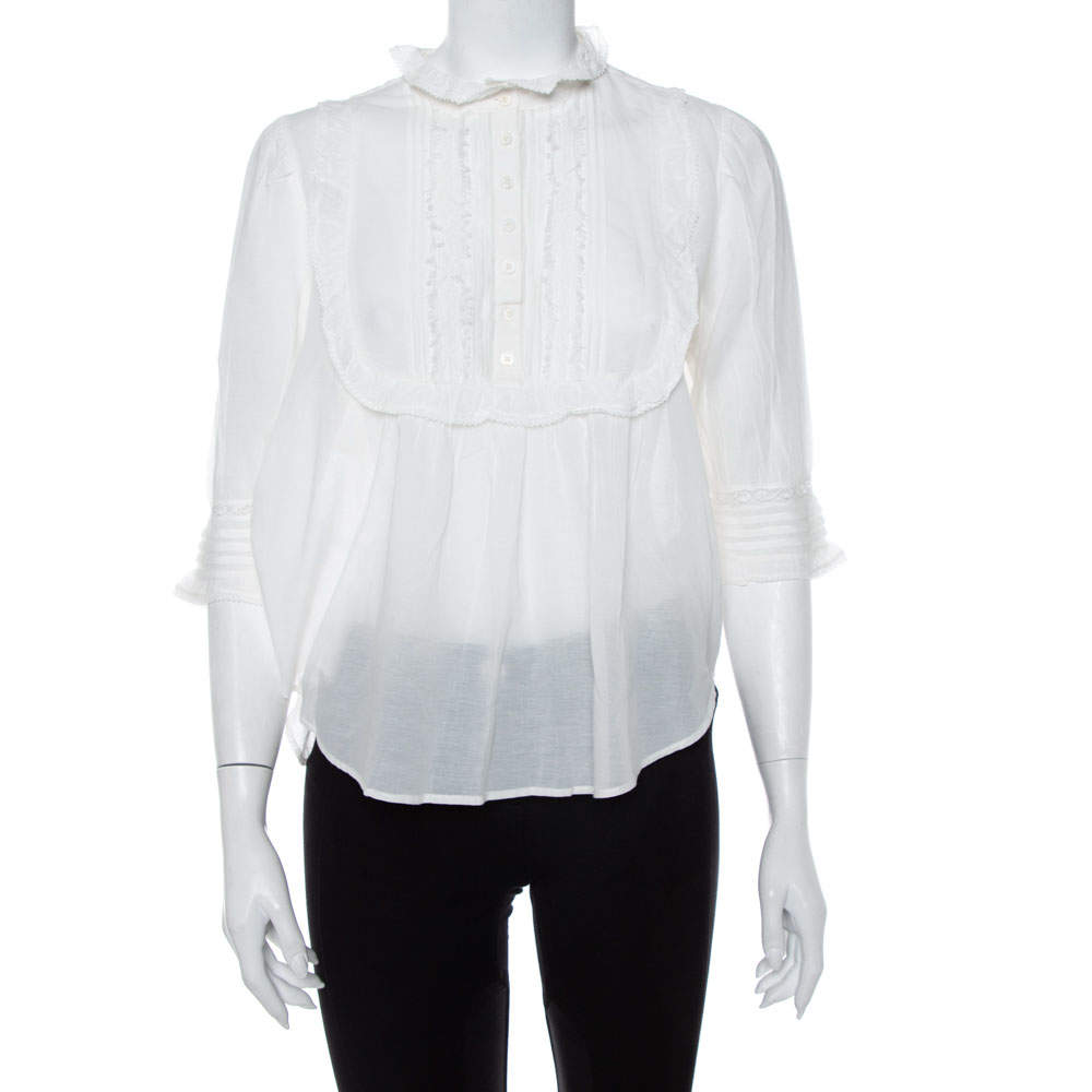 Pre Owned Zadig & Voltaire White Cotton Voile Tix Lace Tunic Top L
