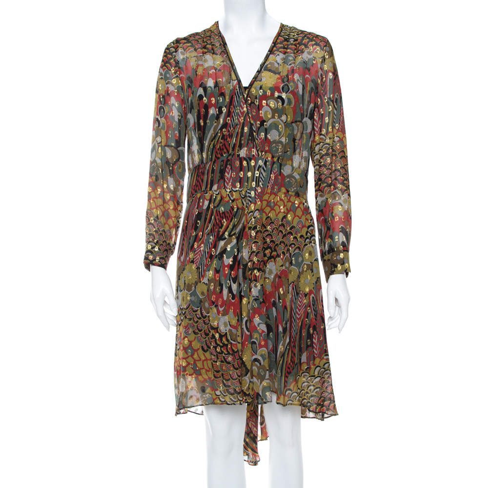 مملوكة مسبقًا Zadig & Voltaire Green Printed Fil Coupe Faux Wrap Asymmetric Hem Roumi Deluxe Dress S