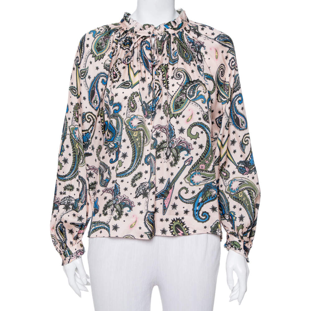 Pre Owned توب زادك أند فولتيركريب مطبوع وردي فاتح مقاس متوسط - ميديوم