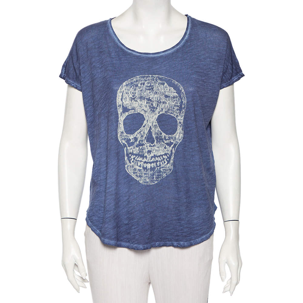Pre Owned Zadig & Voltaire Blue Skull Printed Pigmented Cotton Rica Oversized T-Shirt S