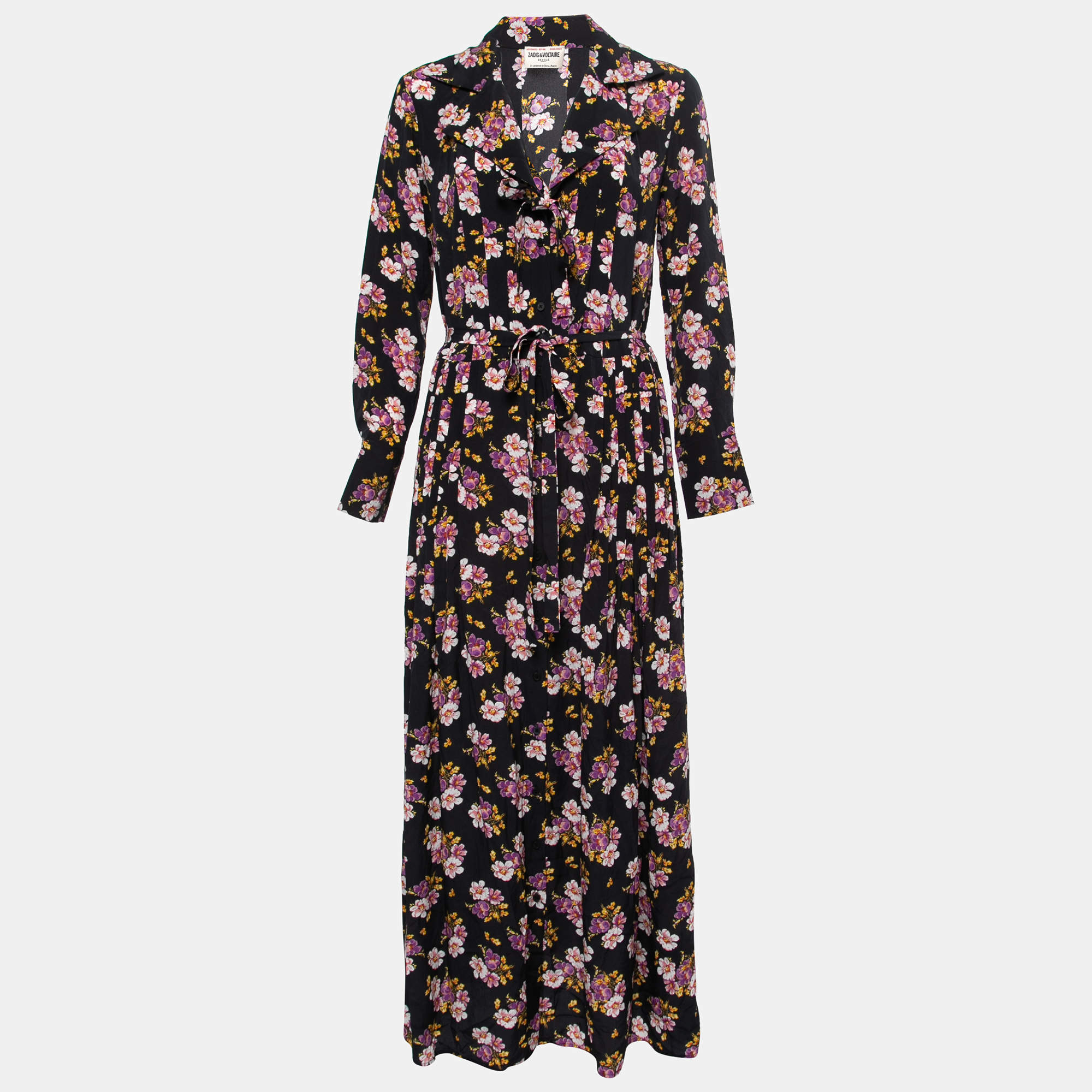 Zadig and Voltaire Black Floral Print Reward Peonies Silk Pleated Dress S