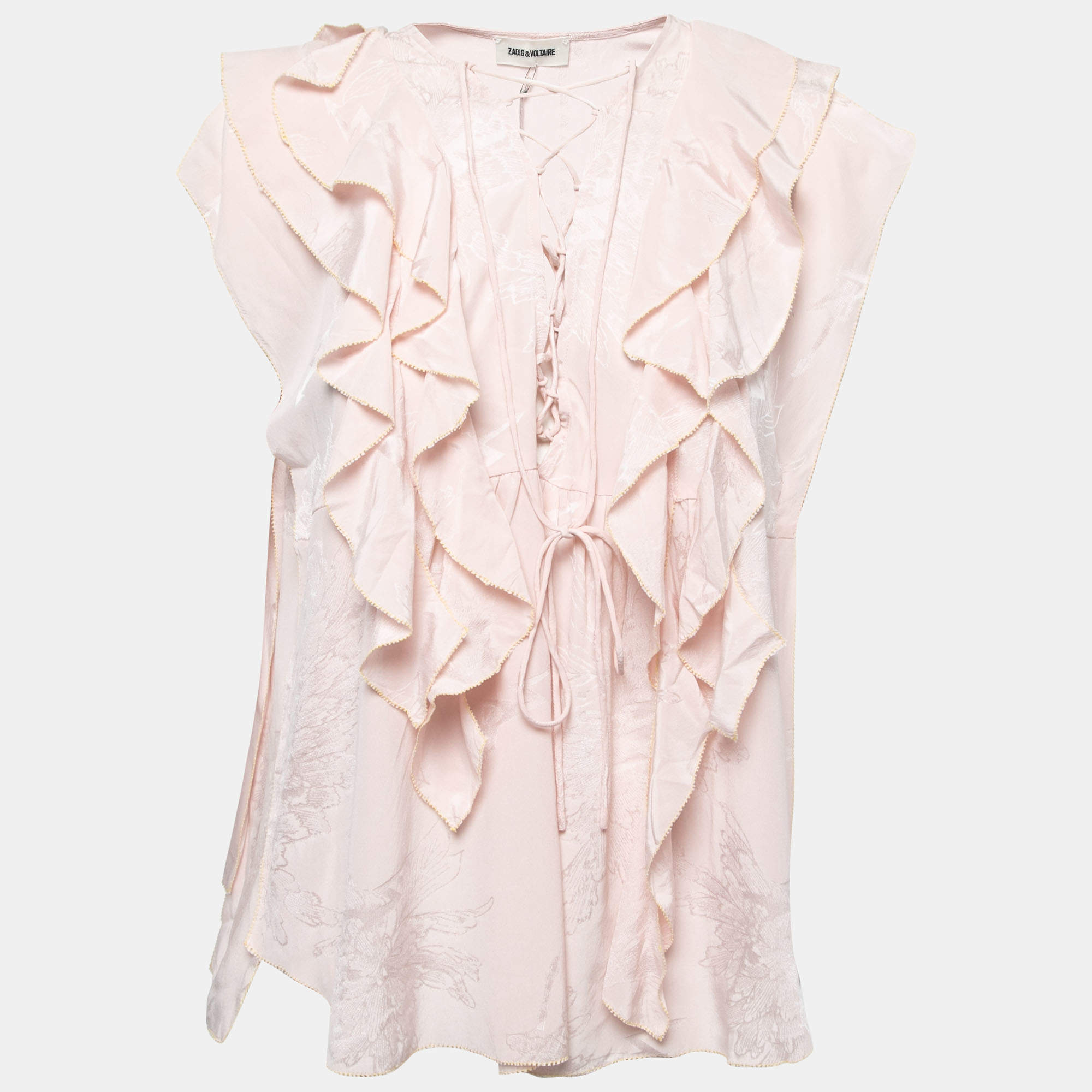 Zadig & Voltaire Pink Silk Lace Tie Detail Ruffled Top L