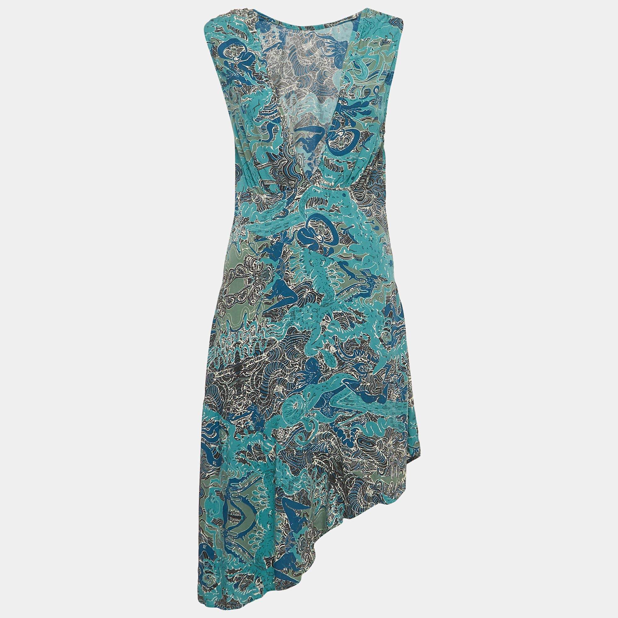 Pre Owned Zadig & Voltaire Blue Printed Crepe Asymmetrical Sleeveless Midi Dress XS