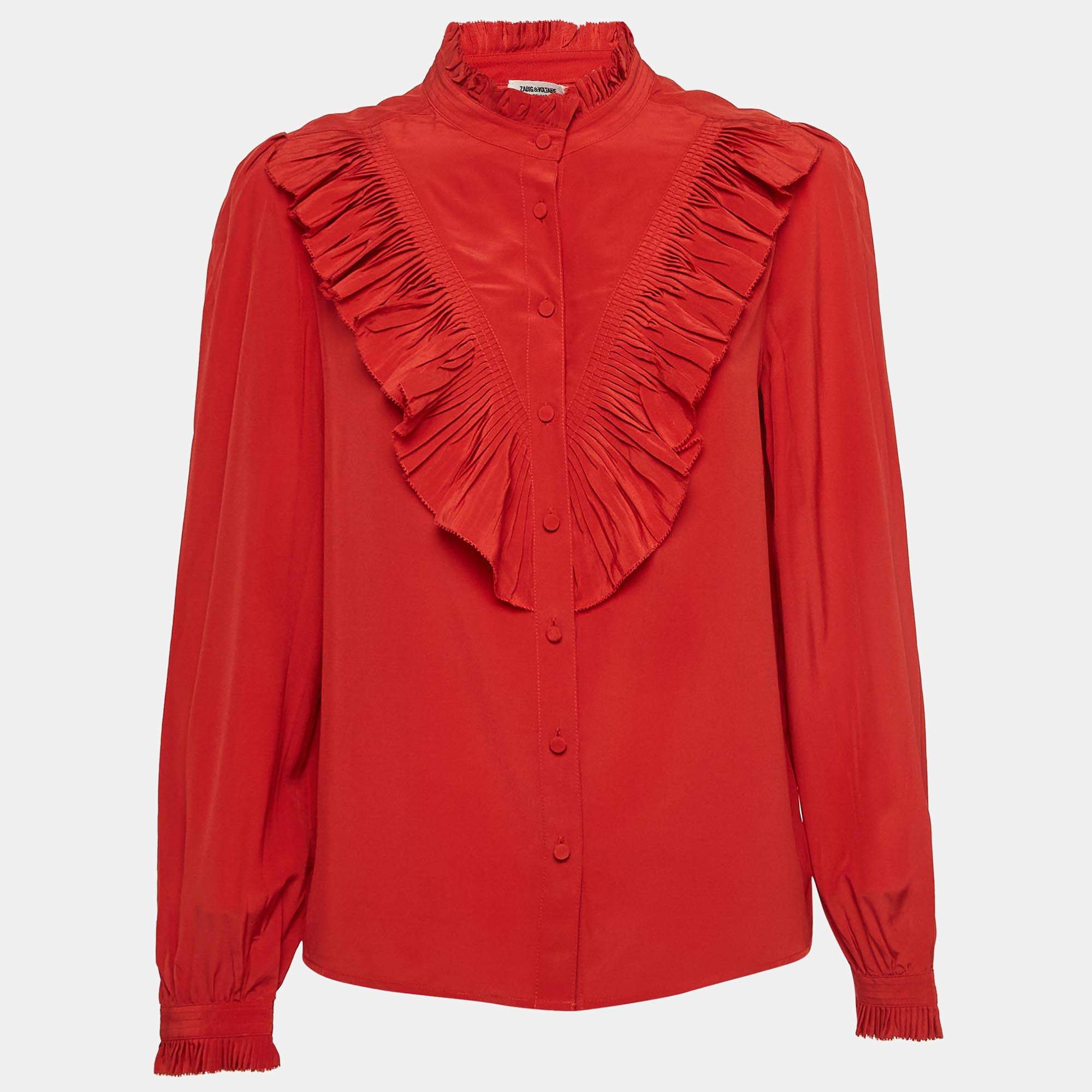 Pre Owned Zadig & Voltaire Red Silk Pleated Shirt Blouse L
