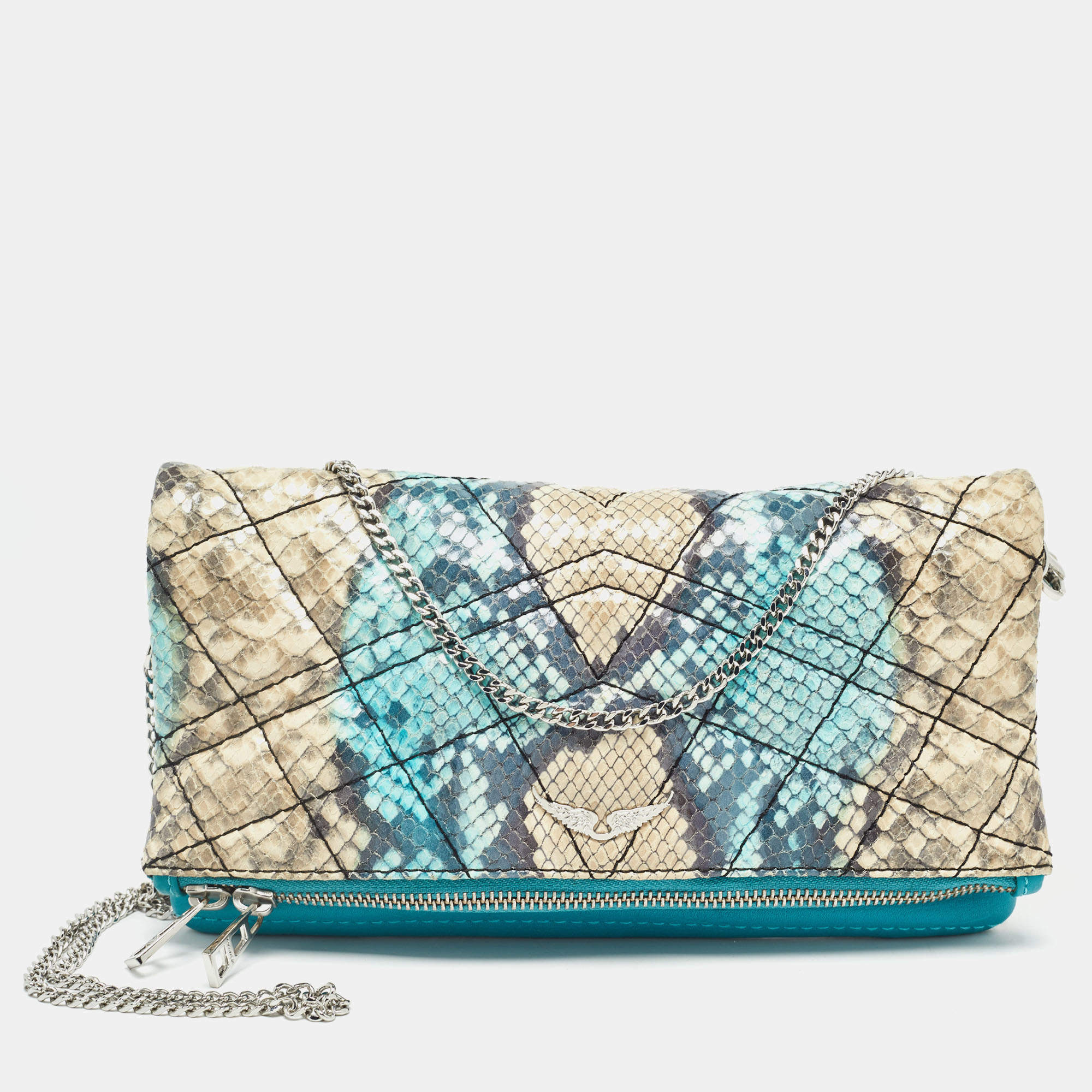 Zadig & Voltaire Multicolor Python Embossed Leather Rock Foldover Chain Clutch 