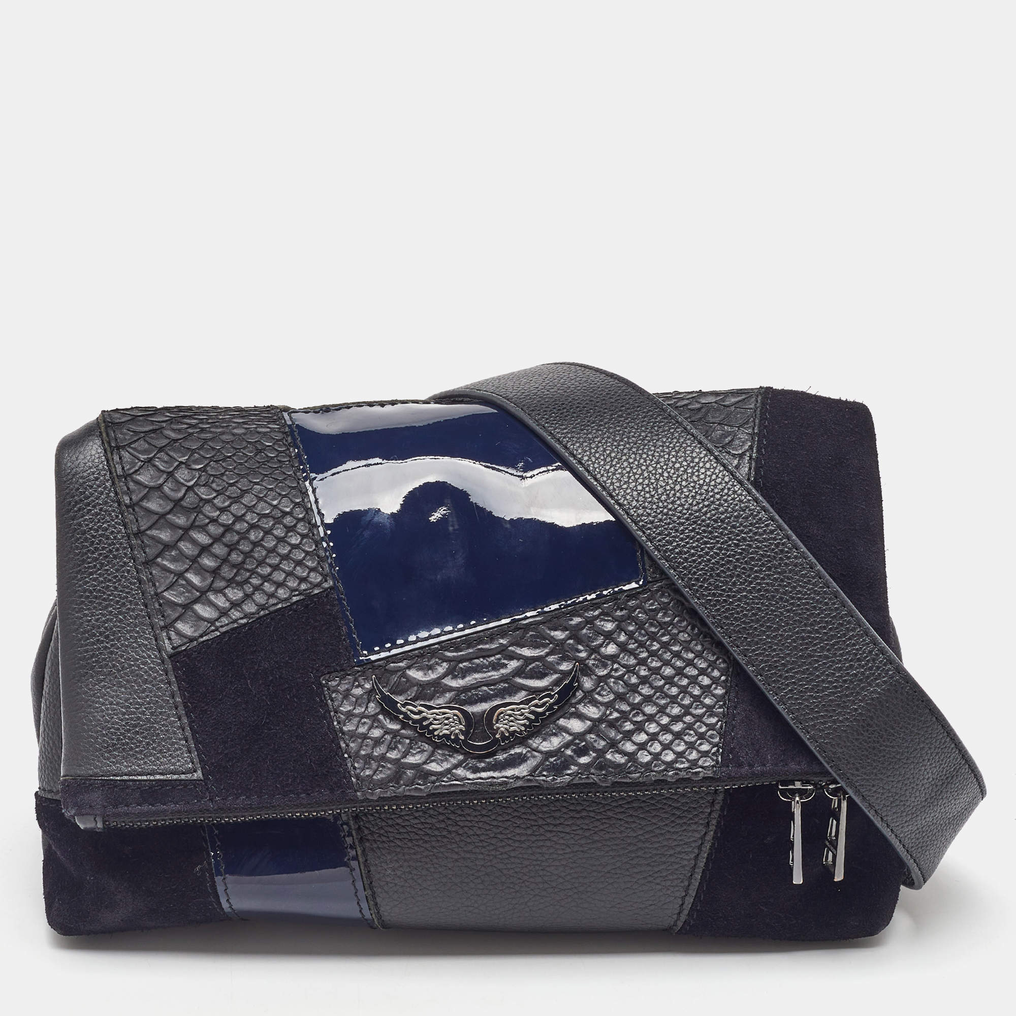 Pre Owned Zadig & Voltaire Black/Navy Blue Leather and Suede Patchwork Flap Shoulder Bag