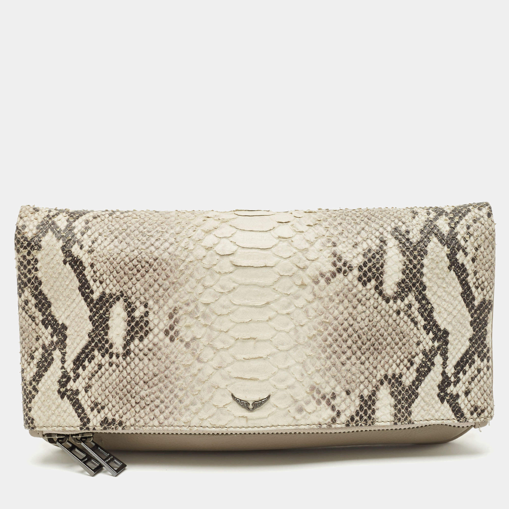Zadig & Voltaire Grey Python Embossed Leather Rock Foldover Clutch Bag