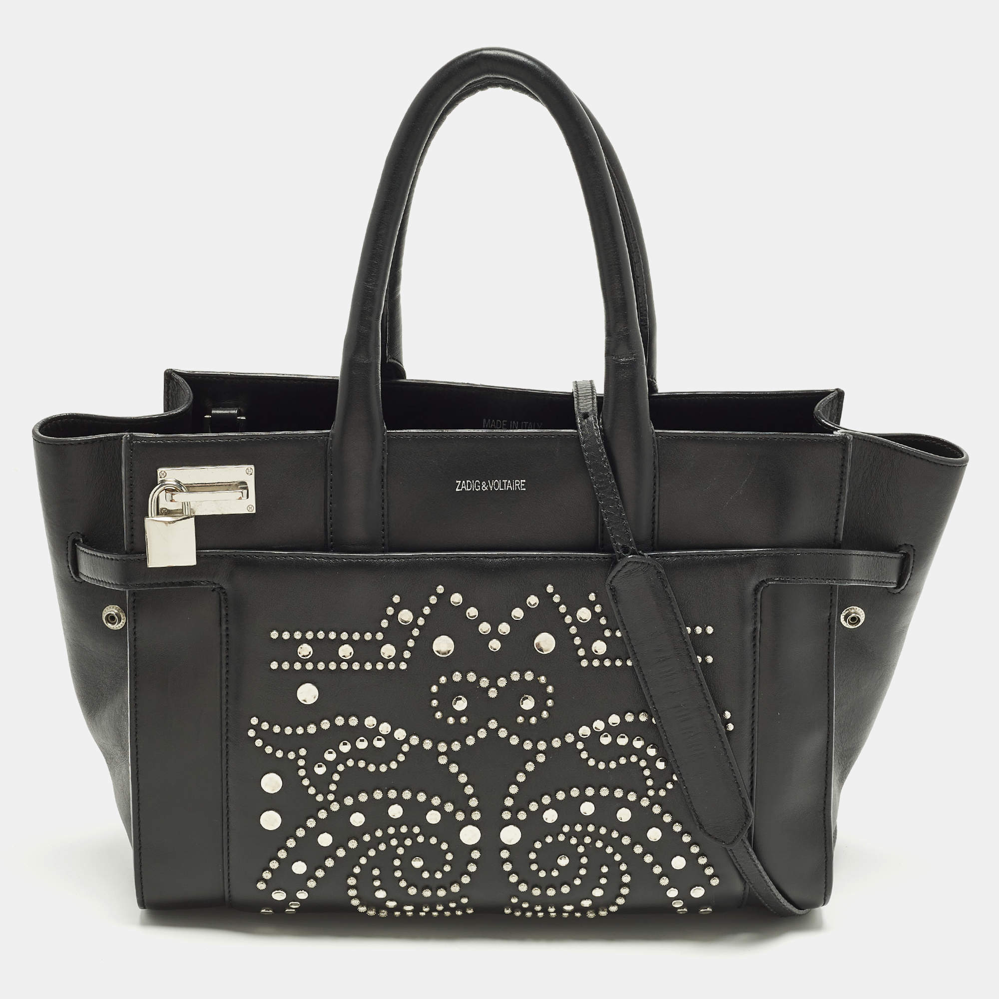 Pre Owned Zadig & Voltaire Candide Embellished Medium Black Leather Tote