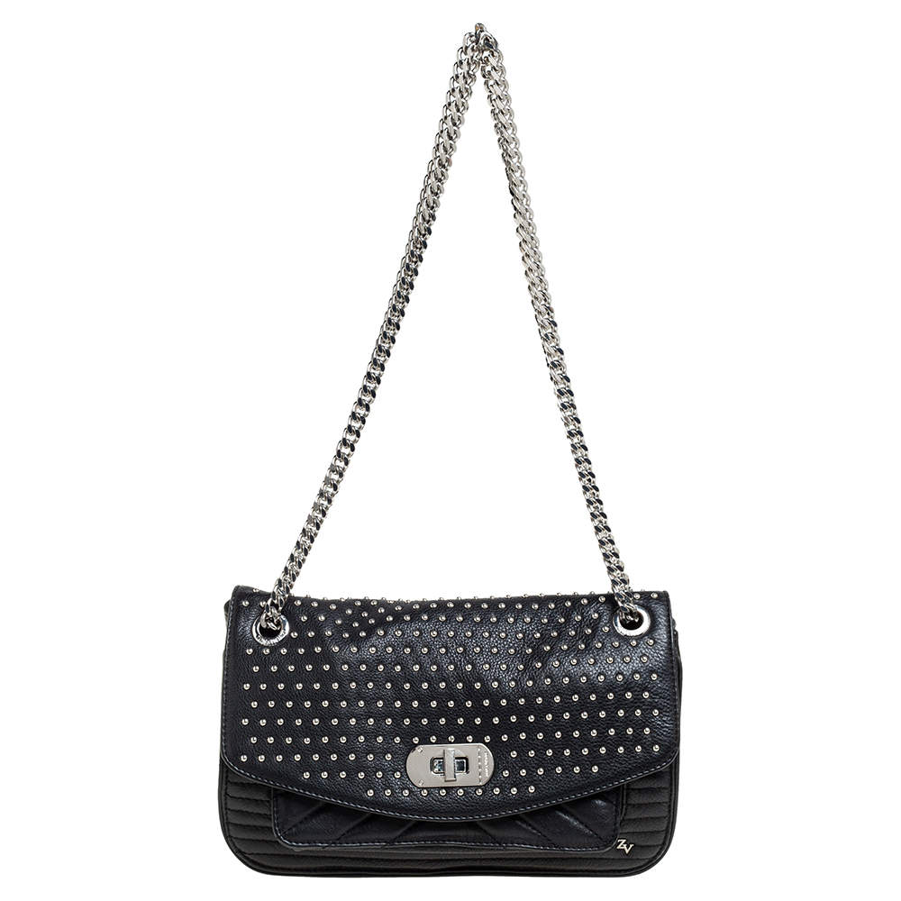 Pre Owned Zadig & Voltaire Black Leather Studded Crossbody Bag