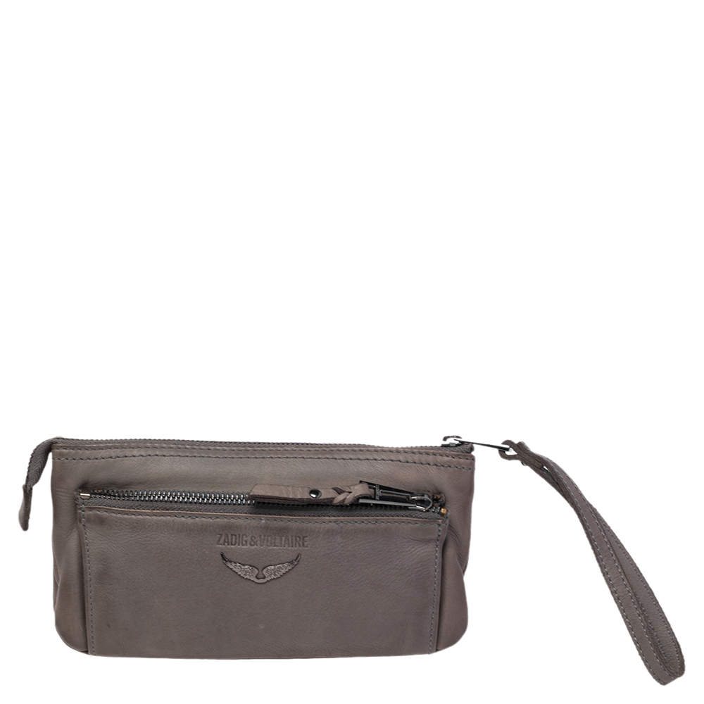 Pre Owned Zadig and Voltaire Grey Leather Skull Studded Wristlet Pouch