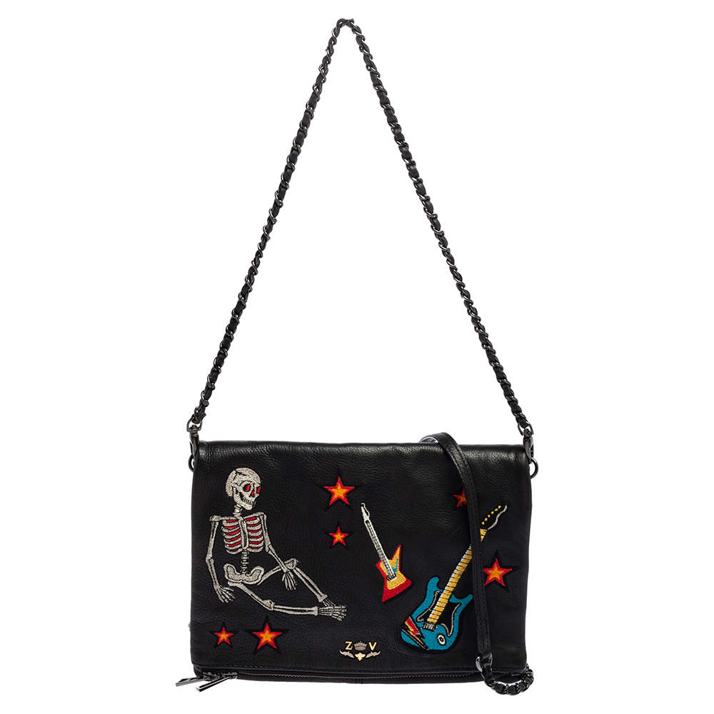 Zadig and Voltaire Black Leather Skeleton And Guitar Crossbody Bag ...