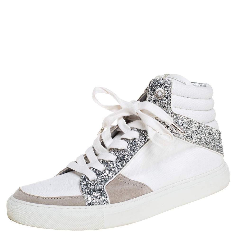 Zadig and Voltaire White/Grey Canvas and Suede Glitter High Top Sneakers Size 40