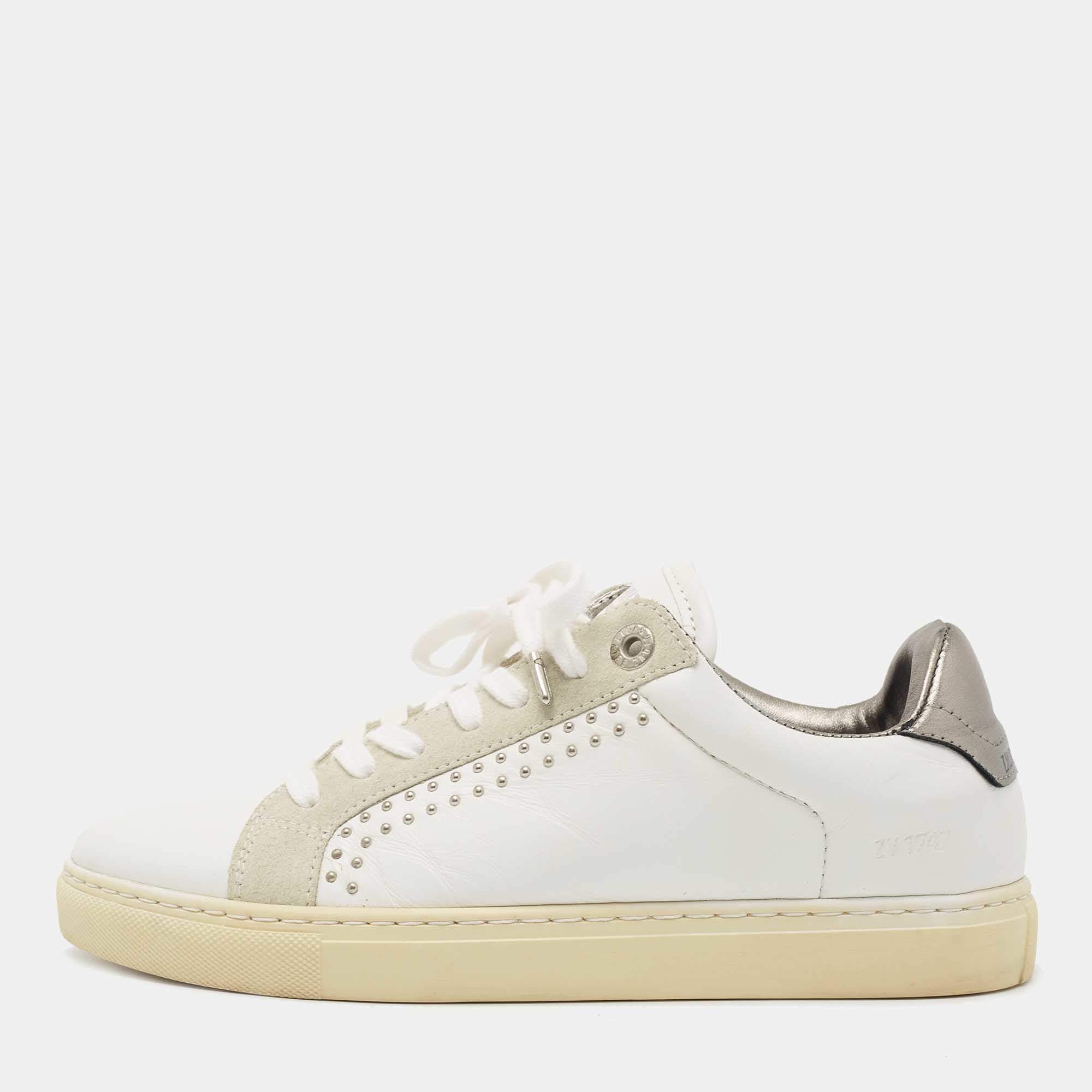 Pre Owned Zadig and Voltaire White Leather Studded Low Top Sneakers Size 36