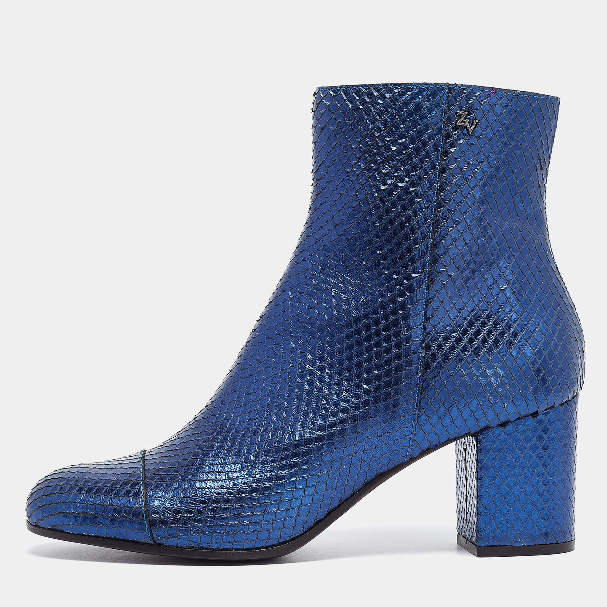 Zadig & Voltaire Metallic Blue Python Embossed Leather Lena Ankle Boots Size 40