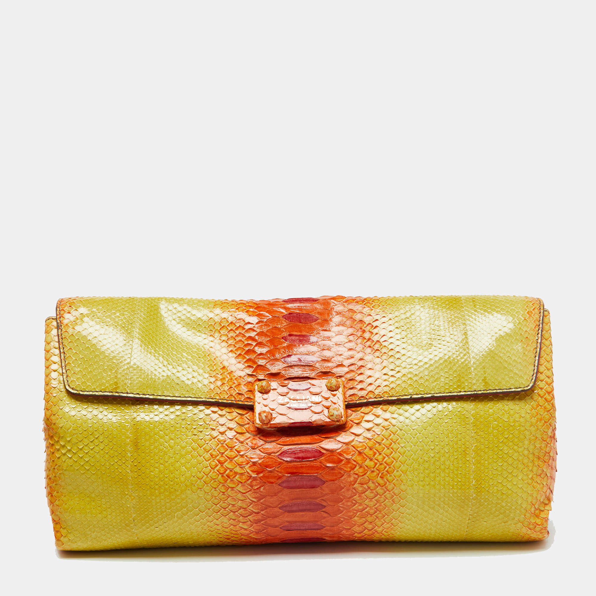 Zagliani Yellow/Orange Python Leather Flap Clutch