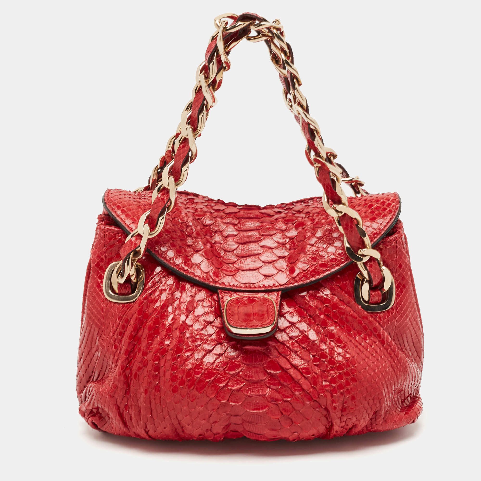 Zagliani Red Python Flap Chain Hobo