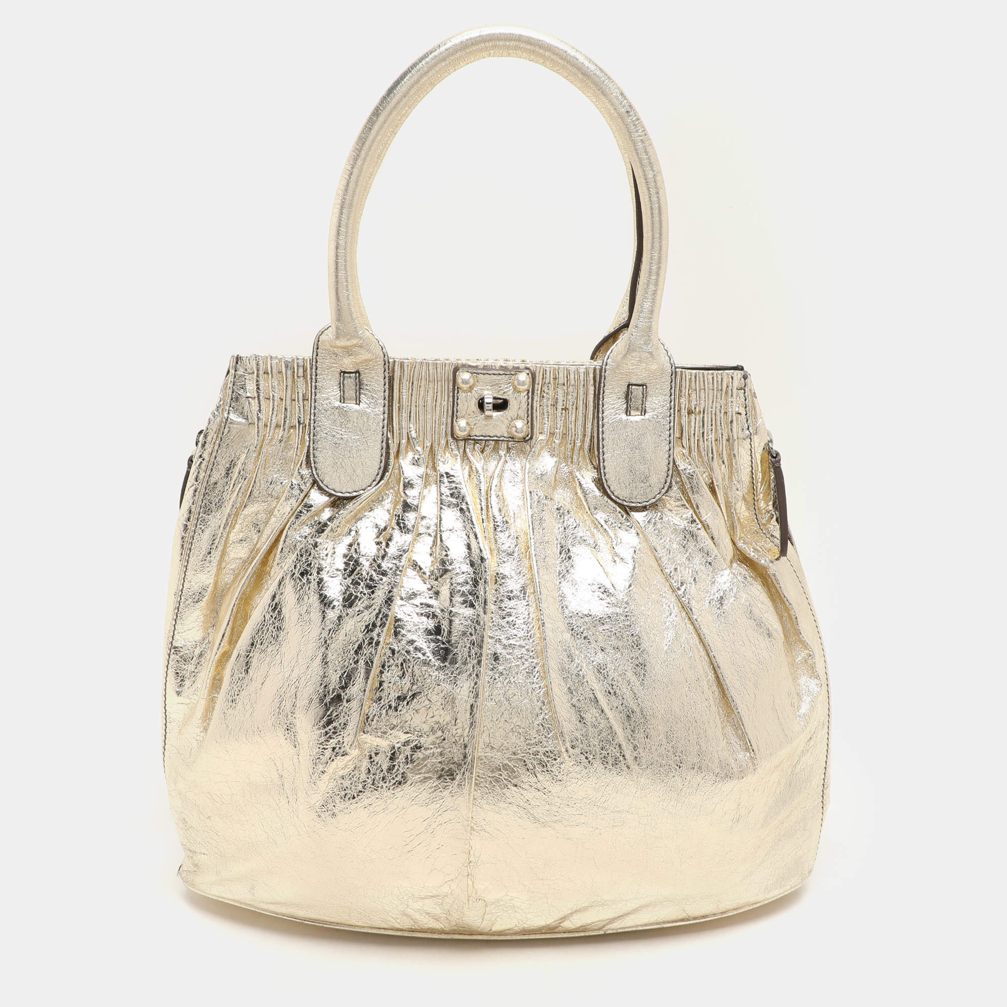 Pre Owned Zagliani Gold Crinkled Leather Side Zip Detail Tote