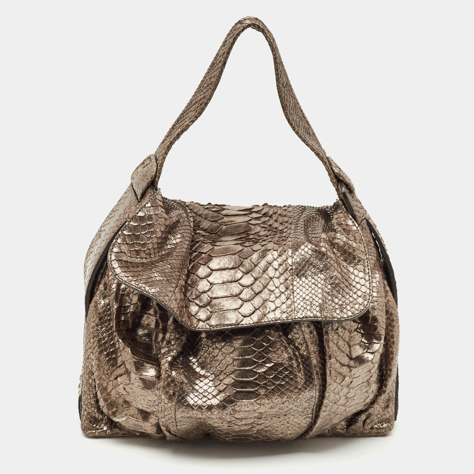 Pre Owned Zagliani Metallic Python Flap Hobo