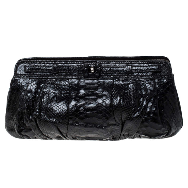 Zagliani Black Python Leather Clutch 